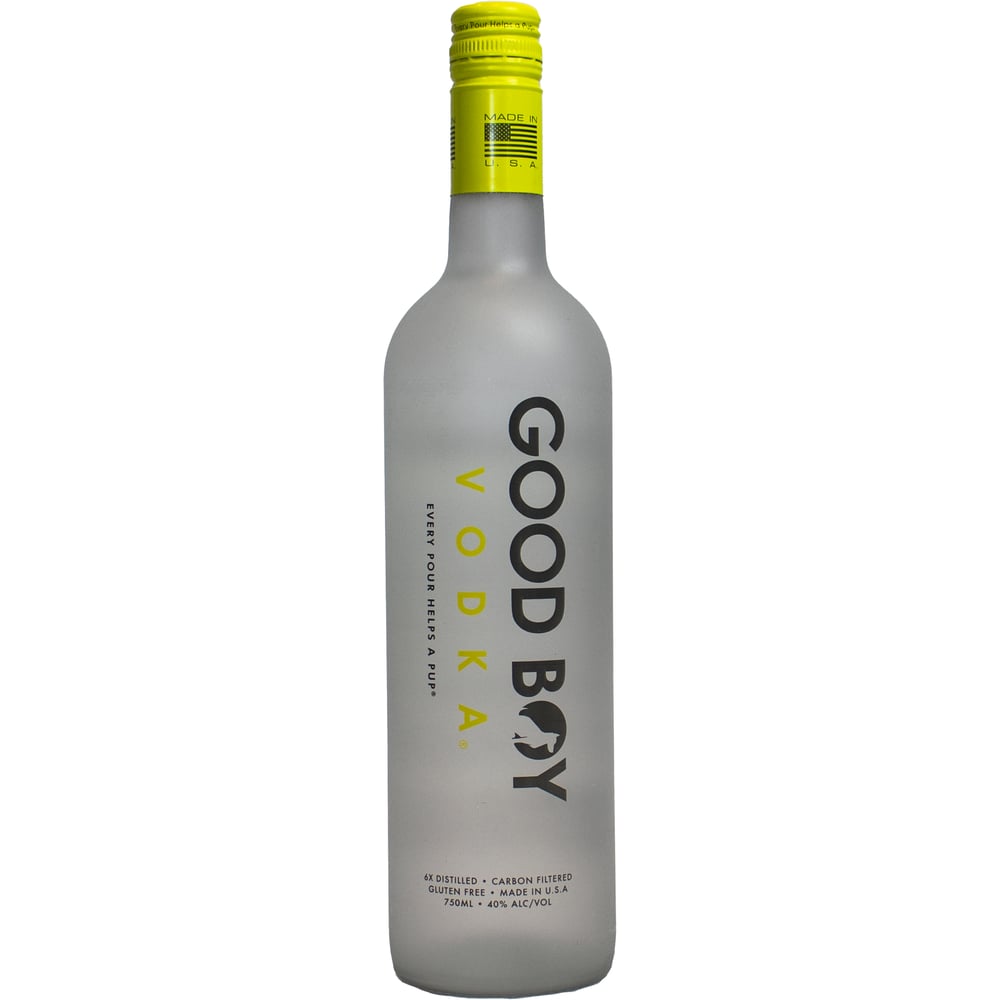Good Boy Vodka frosted bottle with yellow cap