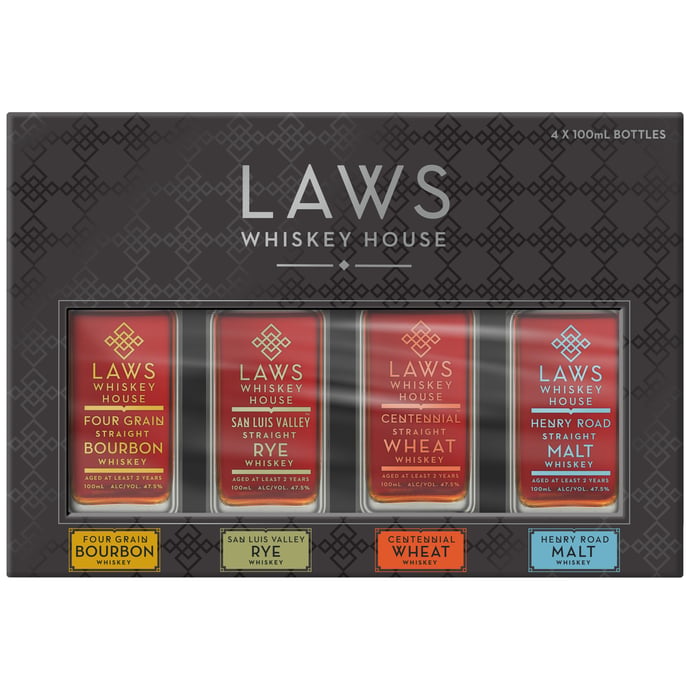 Laws Whiskey House Quad Pack Containing Bourbon Rye Wheat Wiskey and Malt Wiskey