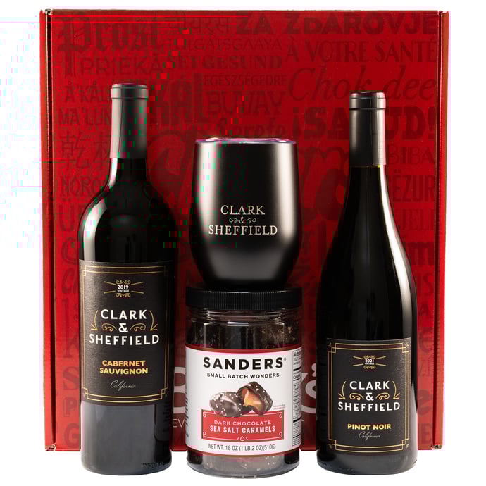 Clark & Sheffield 2 Bottle Gift Box with Sanders Caramels and Tumbler