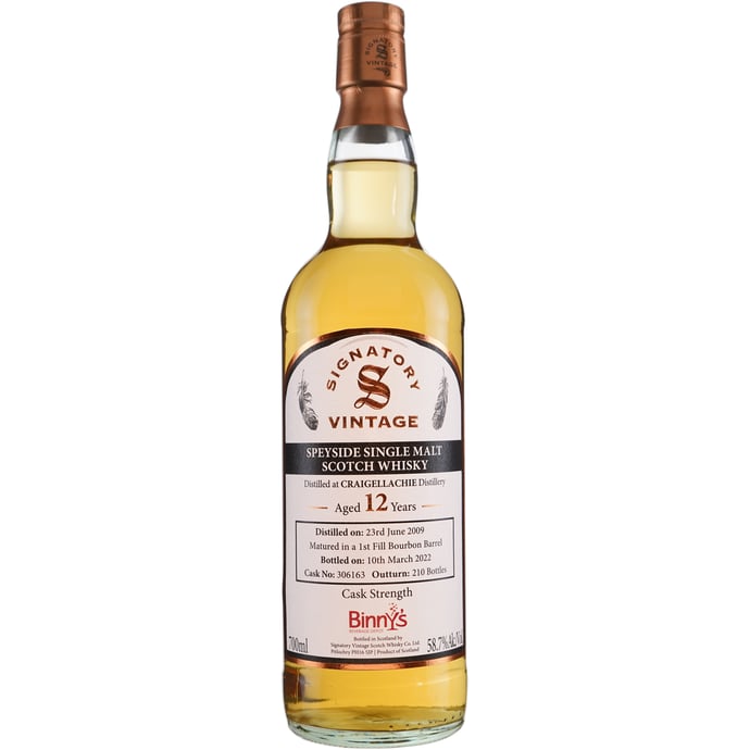 Signatory Craigellachie 12 year old First Fill Bourbon # 306163 Barrel Binny's Handpicked 2009