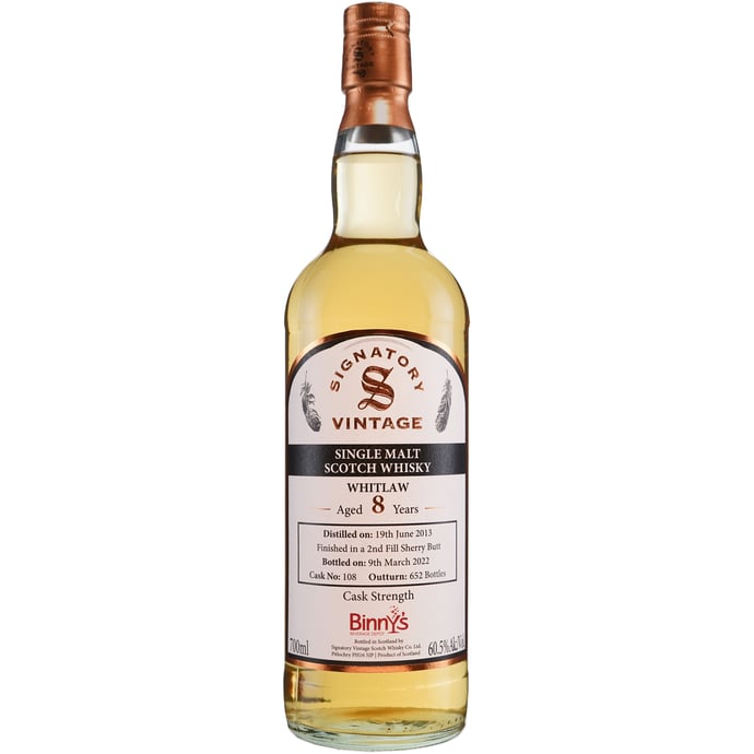 Signatory Whitlaw 8 year old Refill Sherry Finishing Butt # 108 Binny's Handpicked 2013
