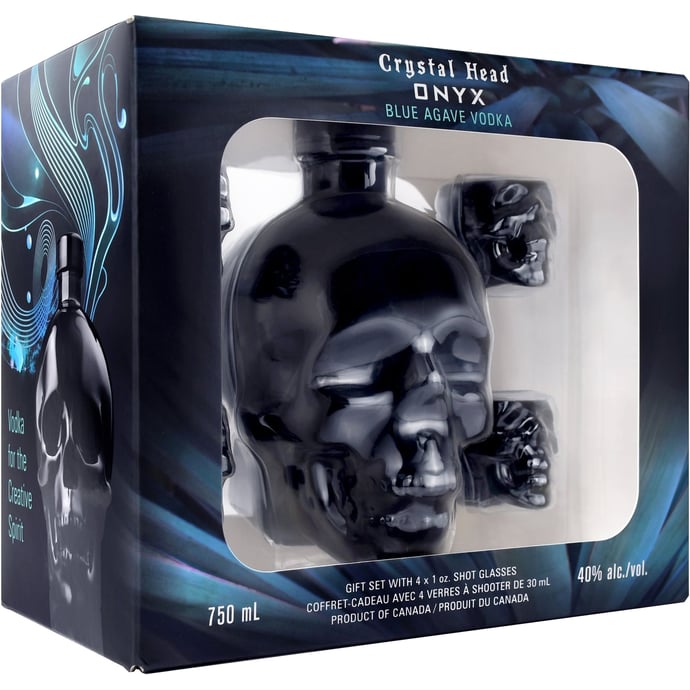 Crystal Head Onyx Vodka with Shot Glasses