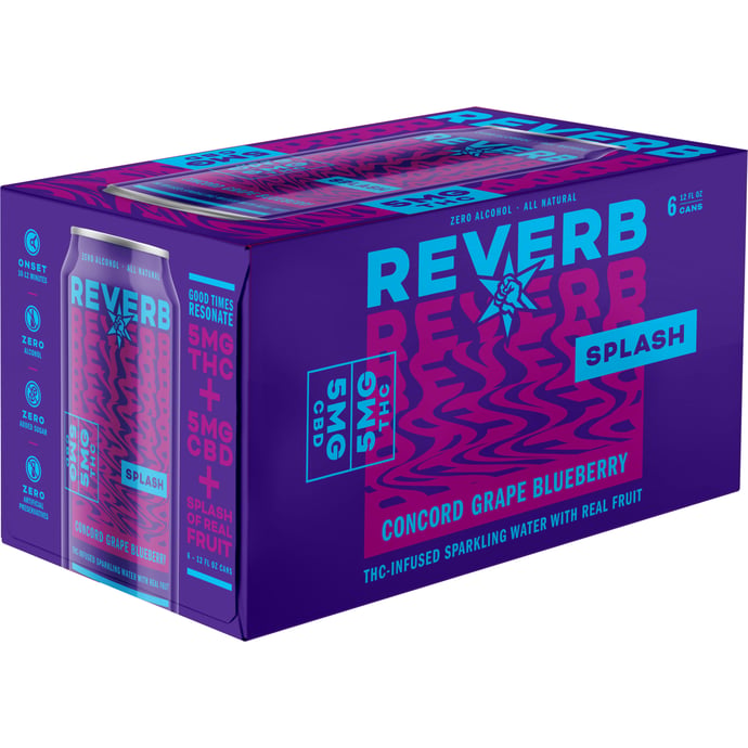 Revolution Reverb Splash Concord Grape Blueberry 5MG THC 5MG CBD | 6 pack of 12 oz Can Revolution Reverb Splash Concord Grape Blueberry 5MG THC 5MG CBD | 6 pack of 12 oz Can