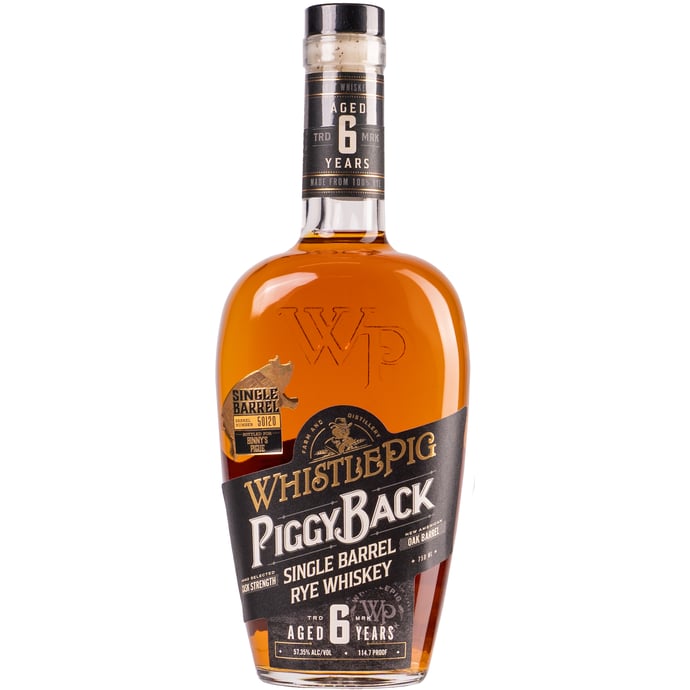 WhistlePig PiggyBack 6 year old Cask Strength Rye Single Barrel Pigue Binny's Handpicked