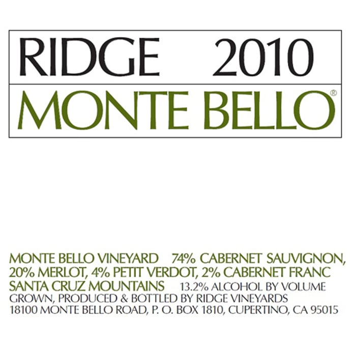 Ridge Monte Bello 2010 Half Bottle