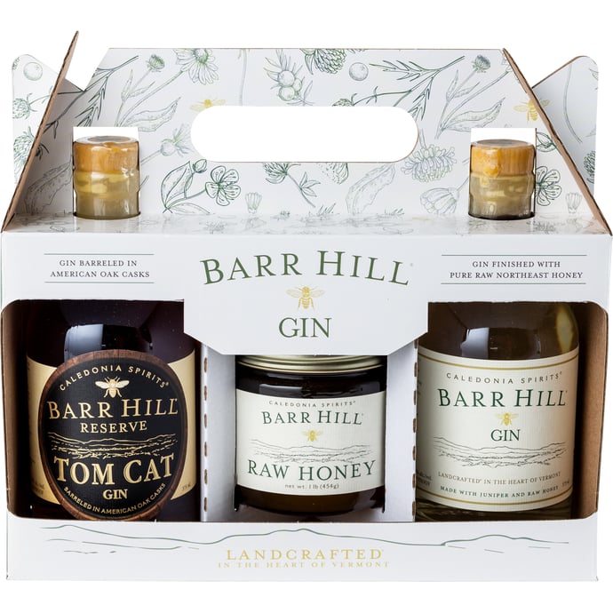 Barr Hill Holiday Honey Gift Pack Featuring 375 ml Gin 375 ml Tom Cat Gin and 1 lb. Jar of Honey