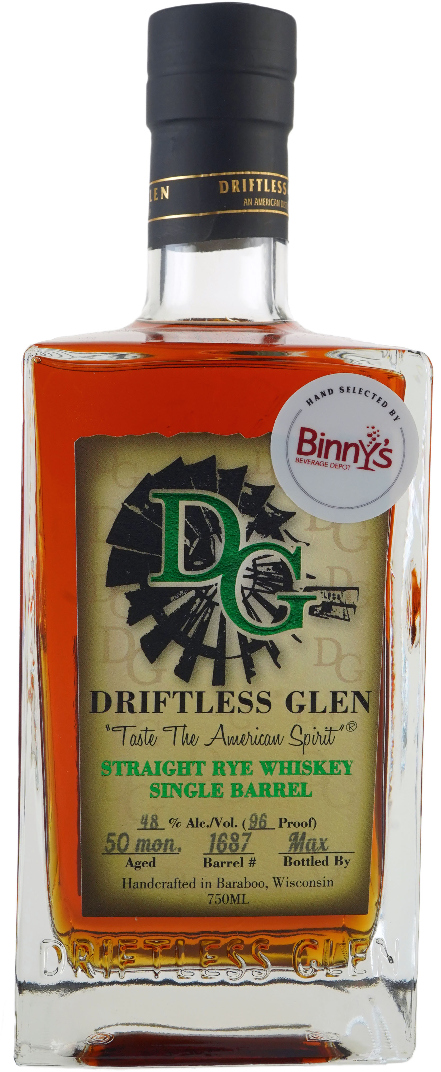 Driftless Glen Distillery Rye Single Barrel # 1687 Binny's Handpicked