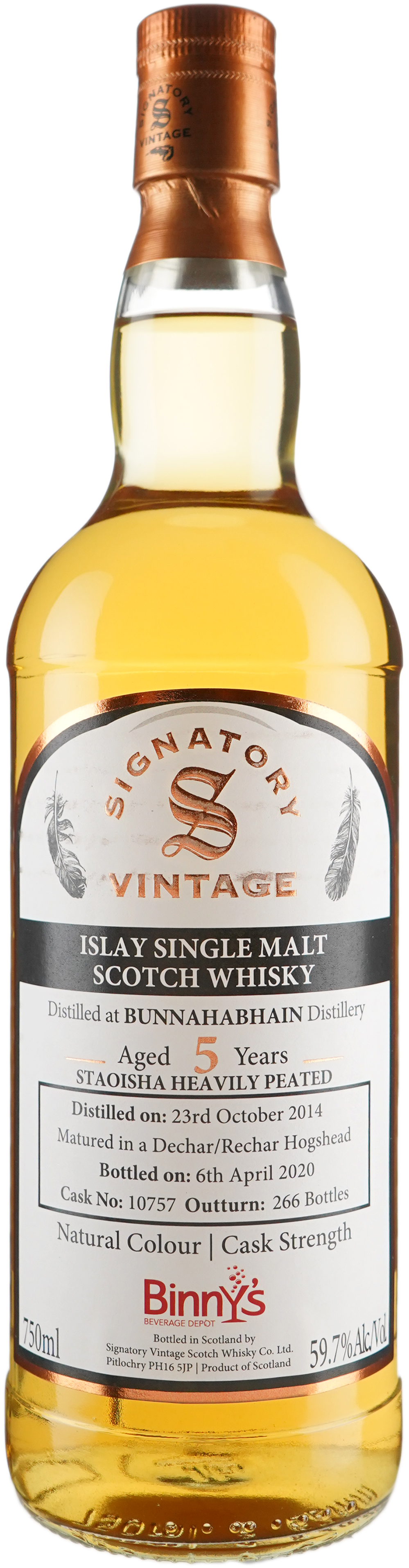 Signatory Bunnahabhain Staoisha Heavily Peated 5 year old Dechar/Rechar Hogshead # 10757 Binny's Handpicked 2014