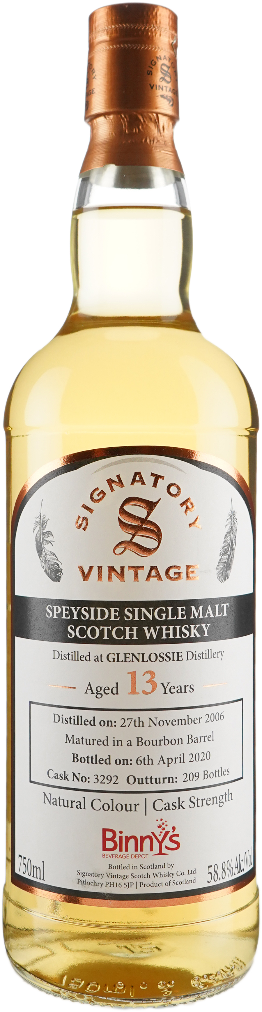 Signatory Glenlossie 13 year old ex Bourbon Barrel # 3292 Binny's Handpicked 2006