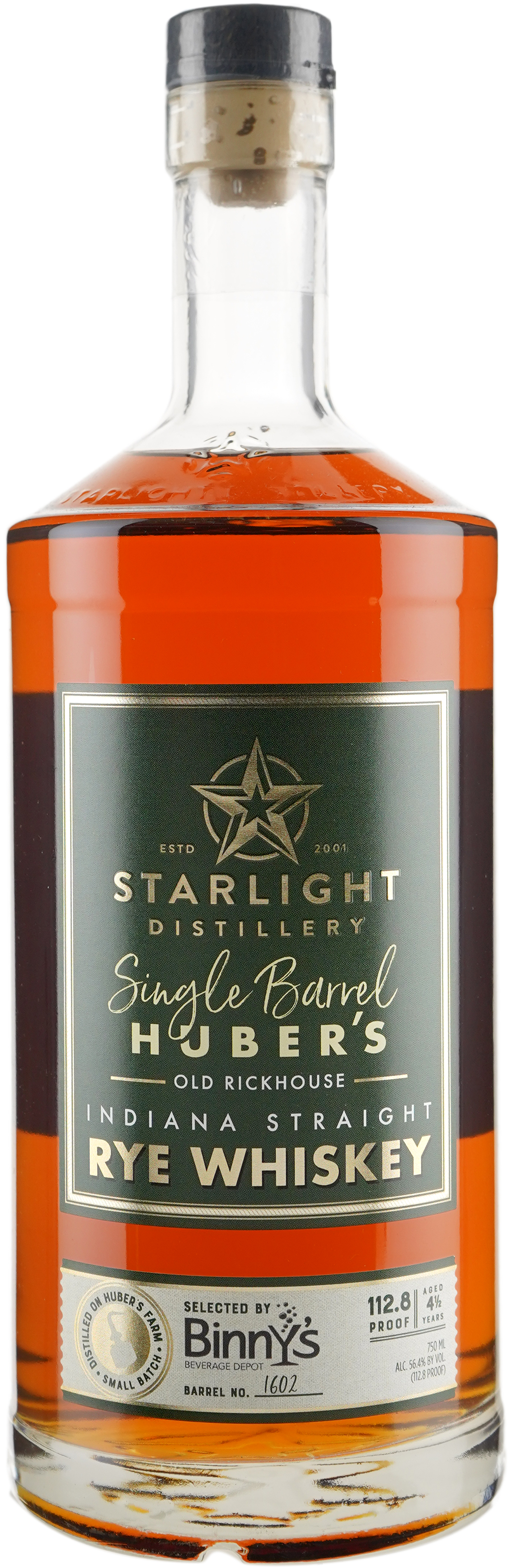 Huber's Starlight Distillery Indiana Straight Rye Single Barrel # 1602 Binny's Handpicked