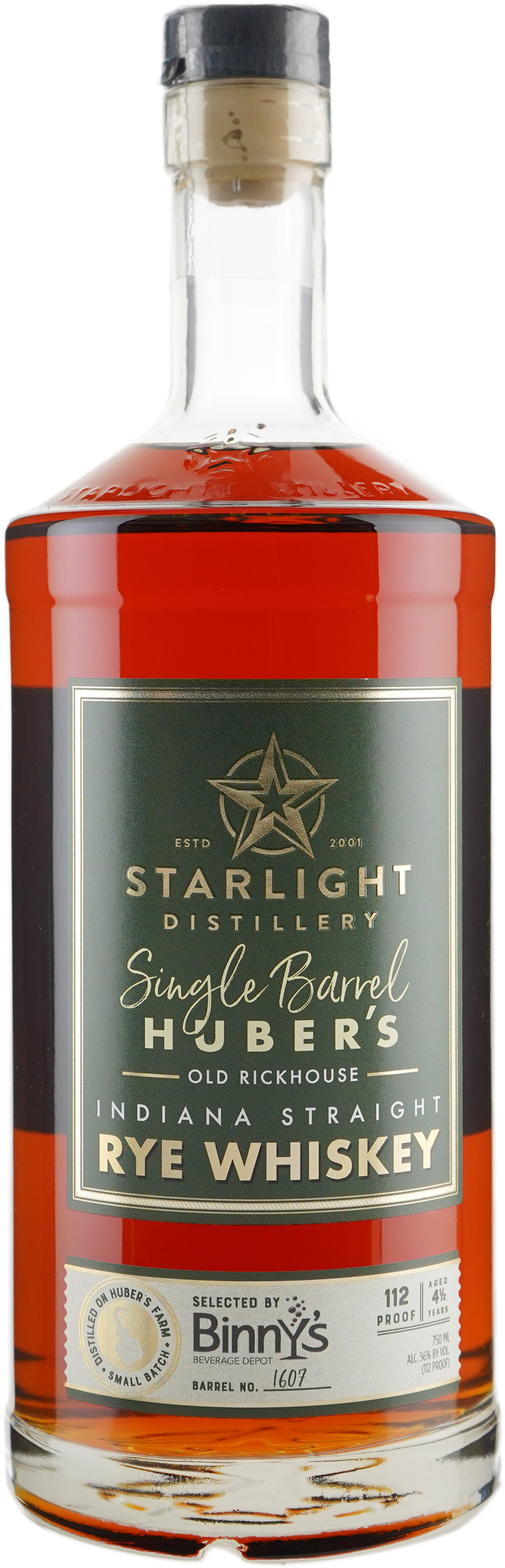 Huber's Starlight Distillery Indiana Straight Rye Single Barrel # 1607 Binny's Handpicked