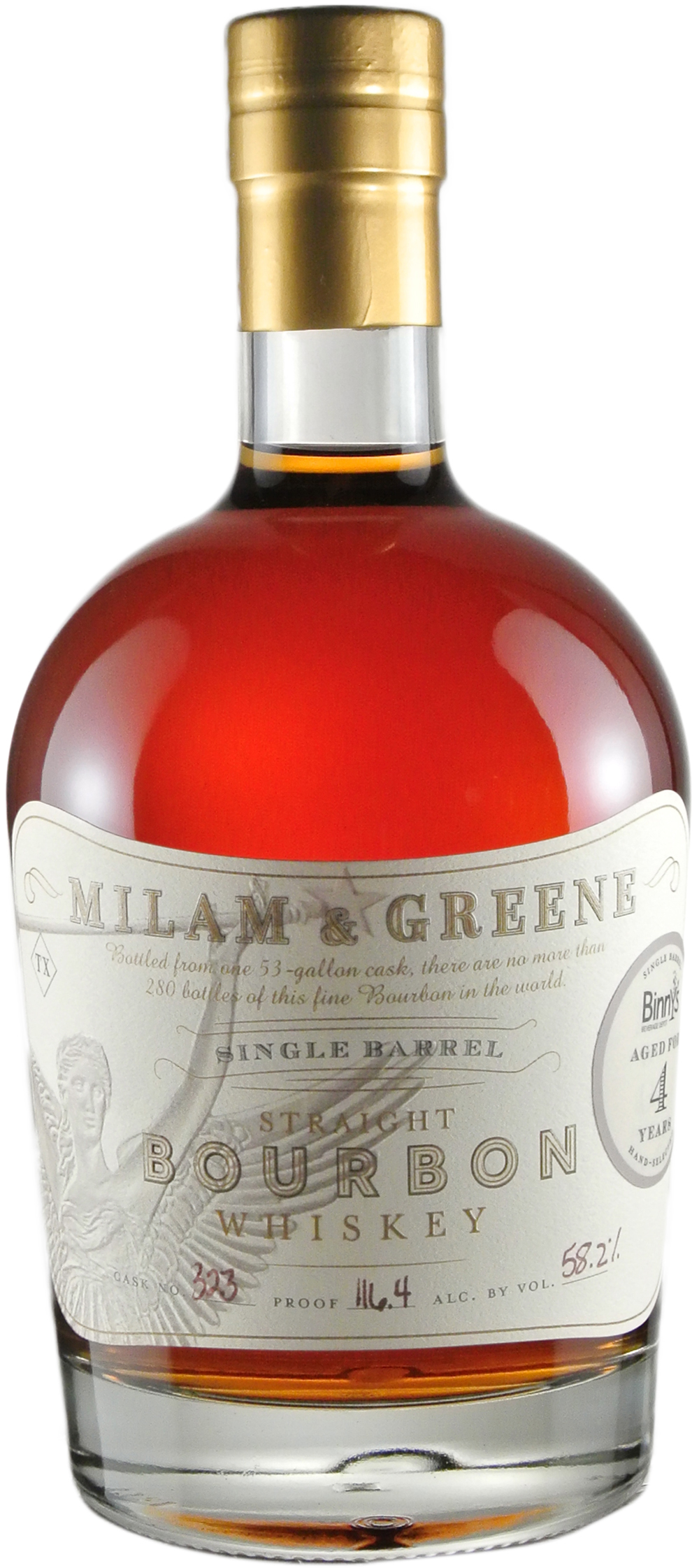Milam & Greene 4 year old Straight Bourbon Single Barrel # 323 Binny's Handpicked