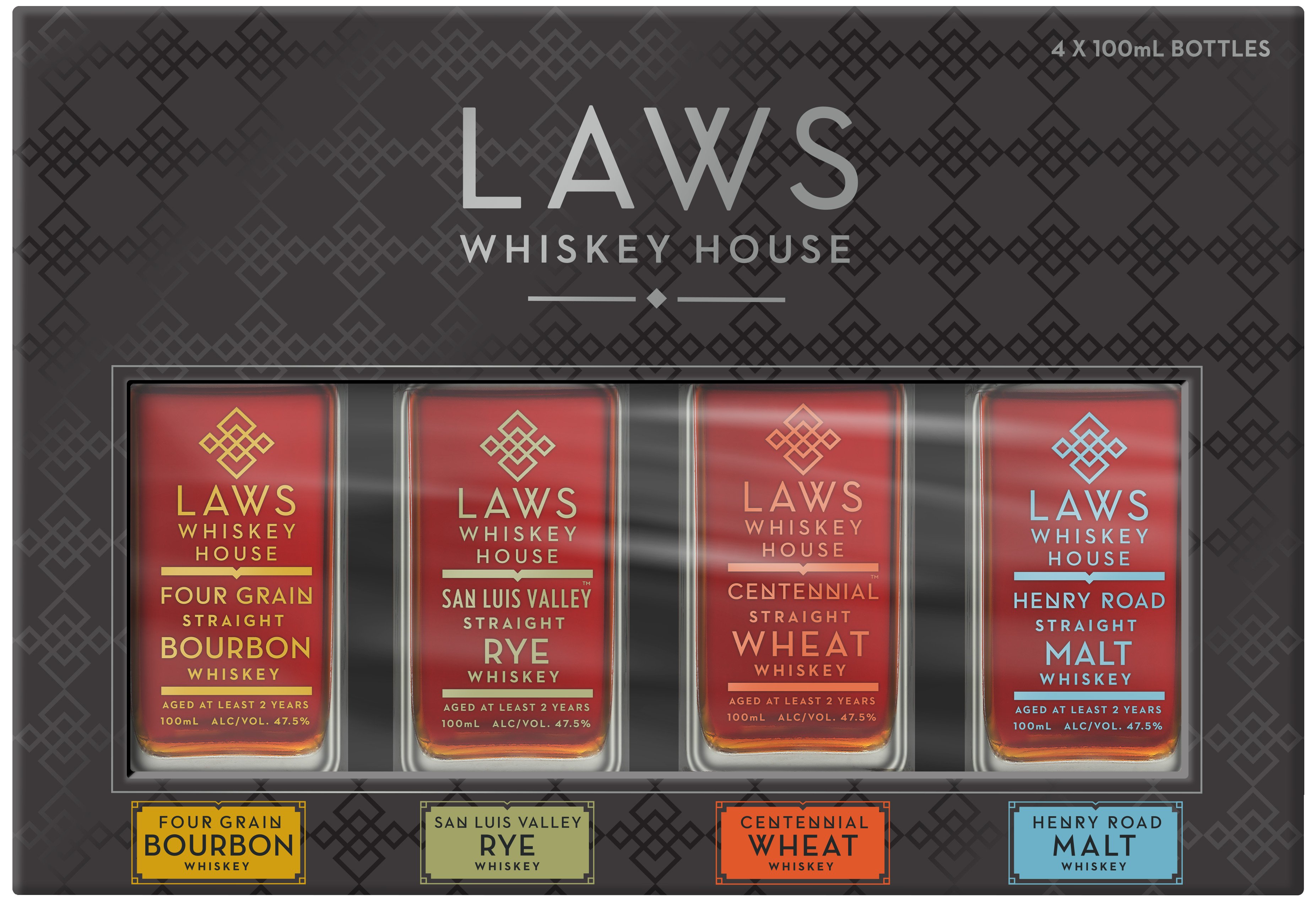 Laws Whiskey House Quad Pack Containing Bourbon Rye Wheat Wiskey and Malt Wiskey