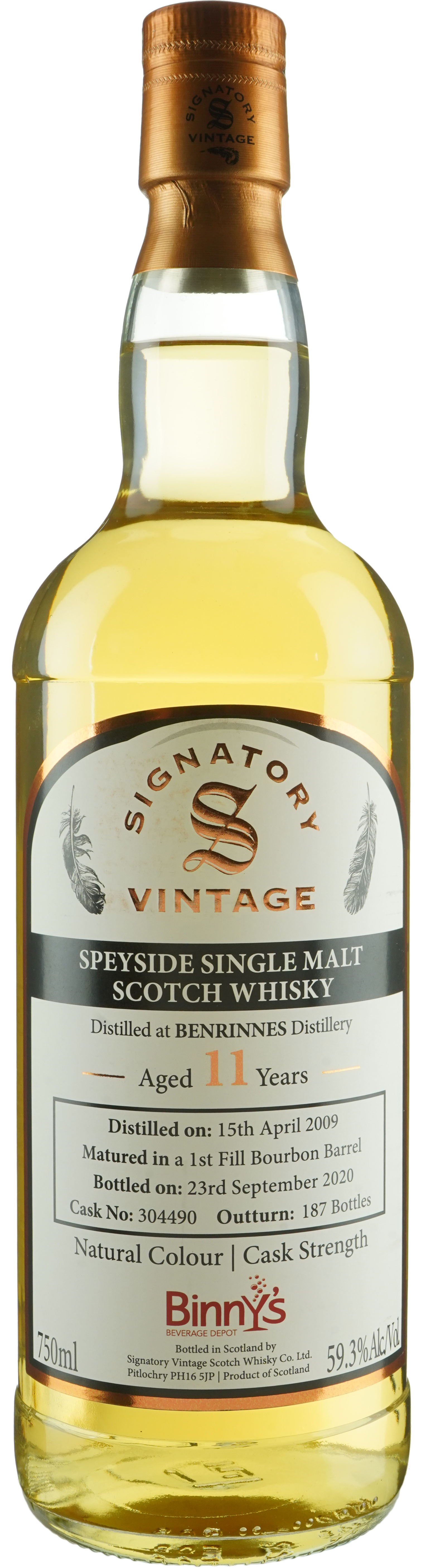 Signatory Benrinnes 11 year old First Fill Bourbon Barrel Binny's Handpicked 2009