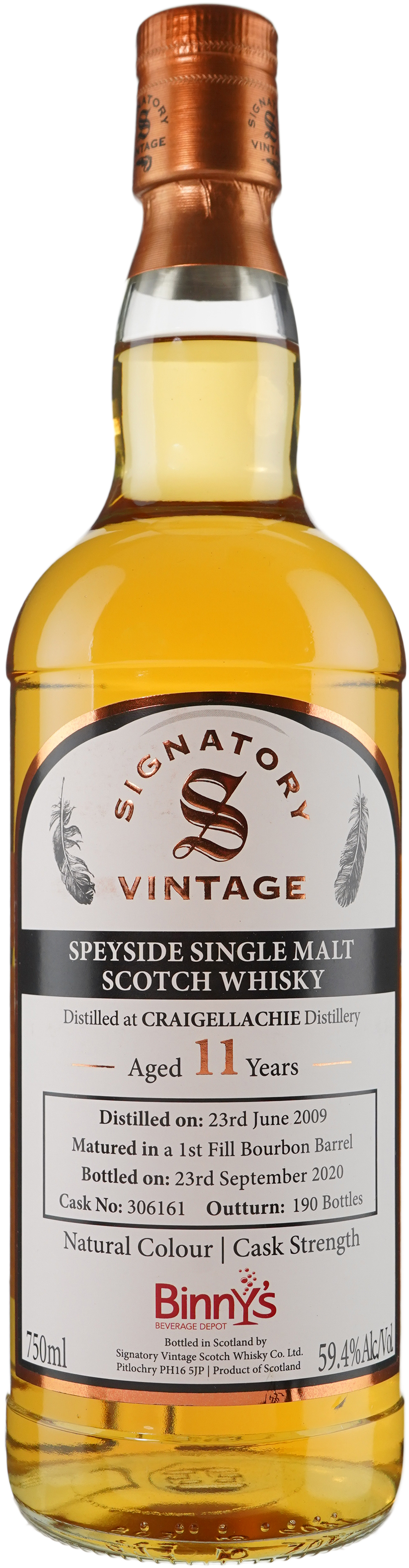 Signatory Craigellachie 11 year old First Fill Bourbon Barrel Binny's Handpicked 2009