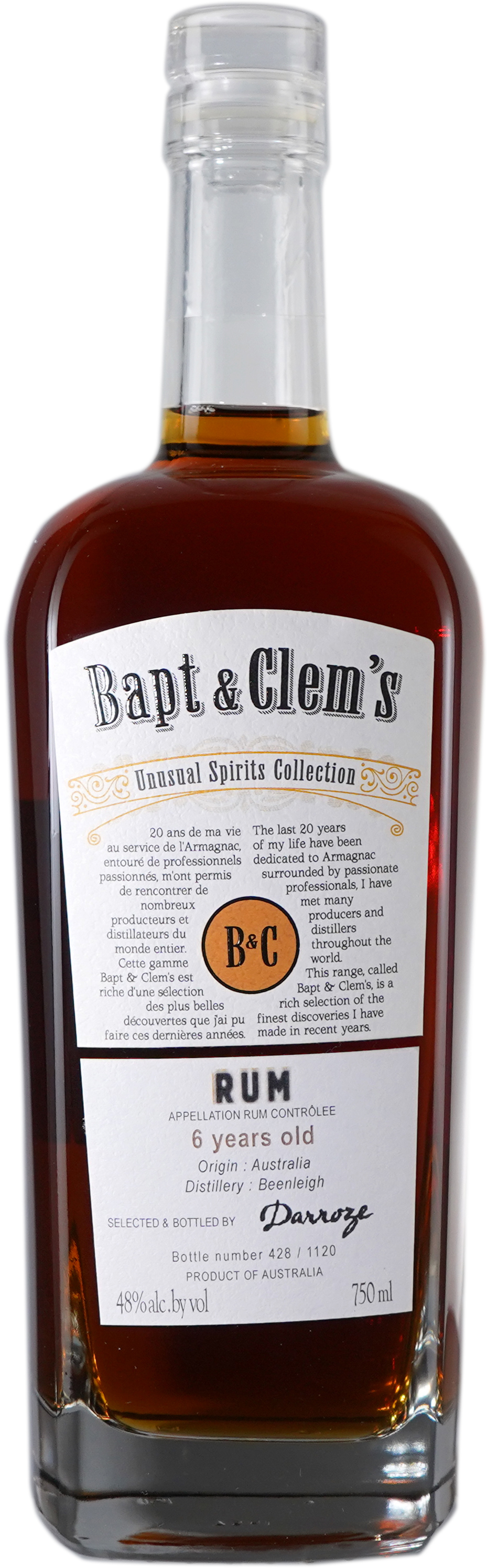 Bapt & Clem's 6 year old Australia Rum from Beenleigh Distillery Finished in Jurancon Cask