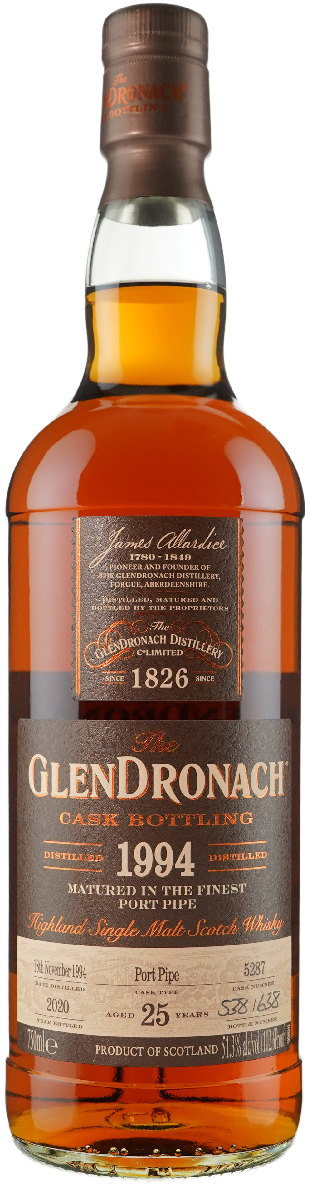 Glendronach 25 year old Vintage Port Pipe # 5287 1994