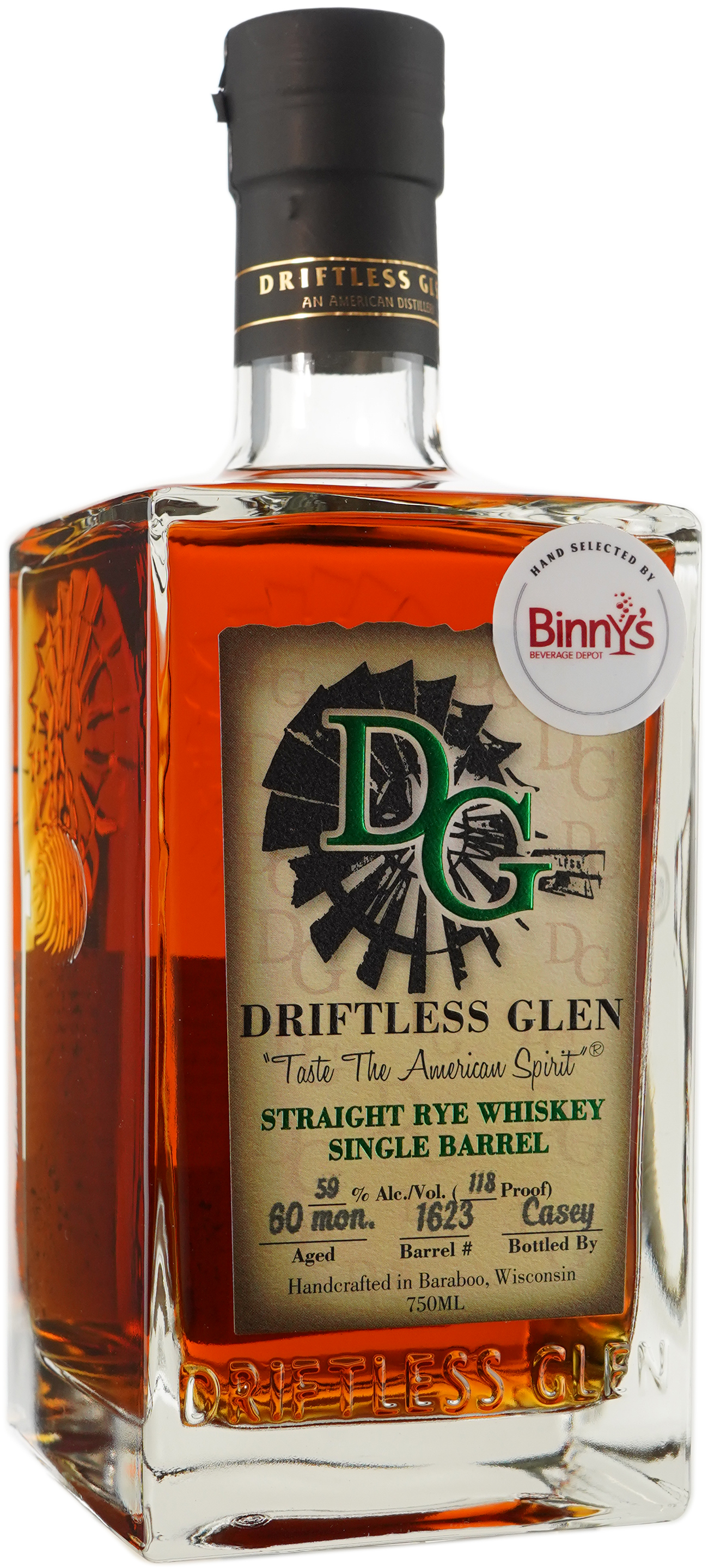 Driftless Glen Distillery Rye Single Barrel # 1623 Binny's Handpicked