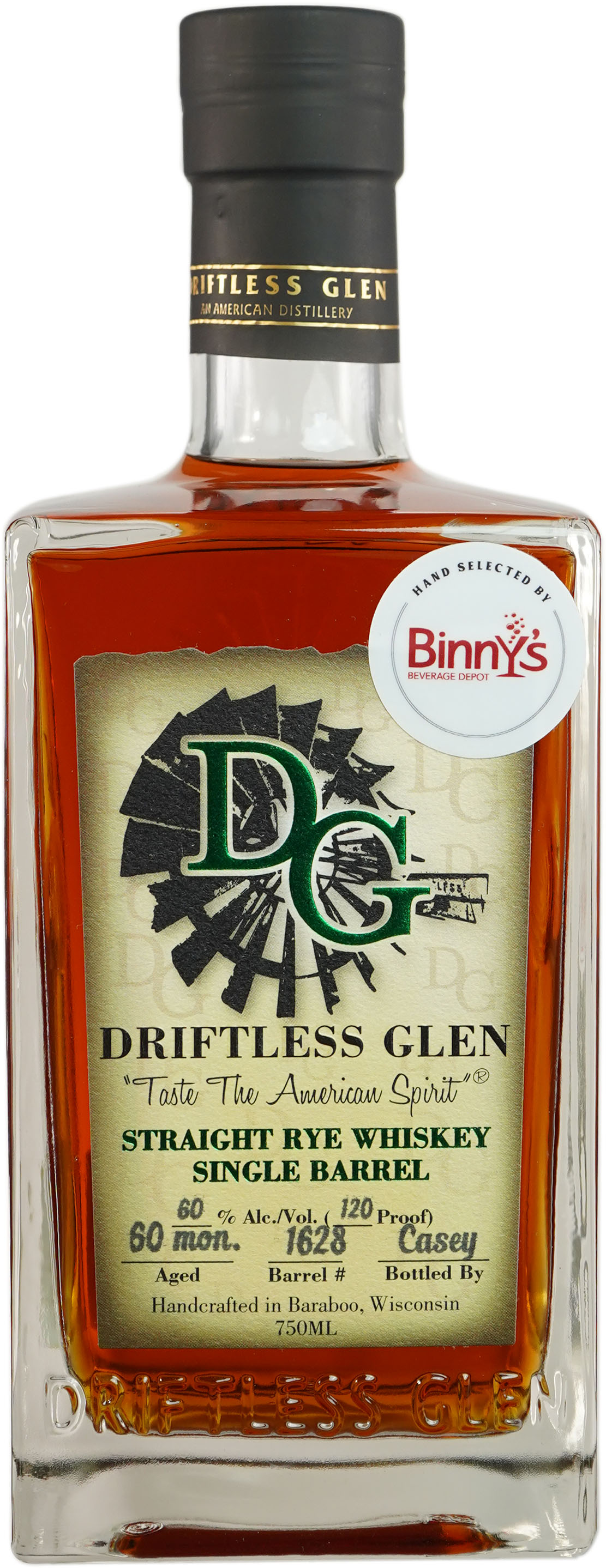 Driftless Glen Distillery Rye Single Barrel # 1628 Binny's Handpicked