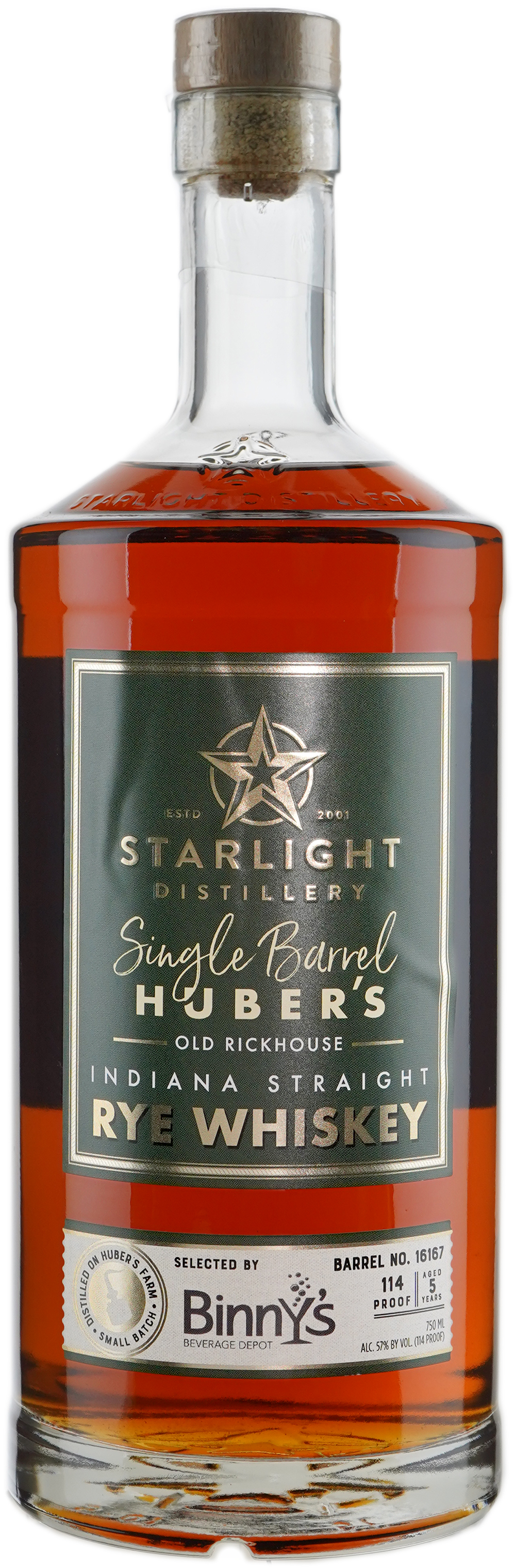 Huber's Starlight Distillery Indiana Straight Rye Single Barrel # 16167 Binny's Handpicked