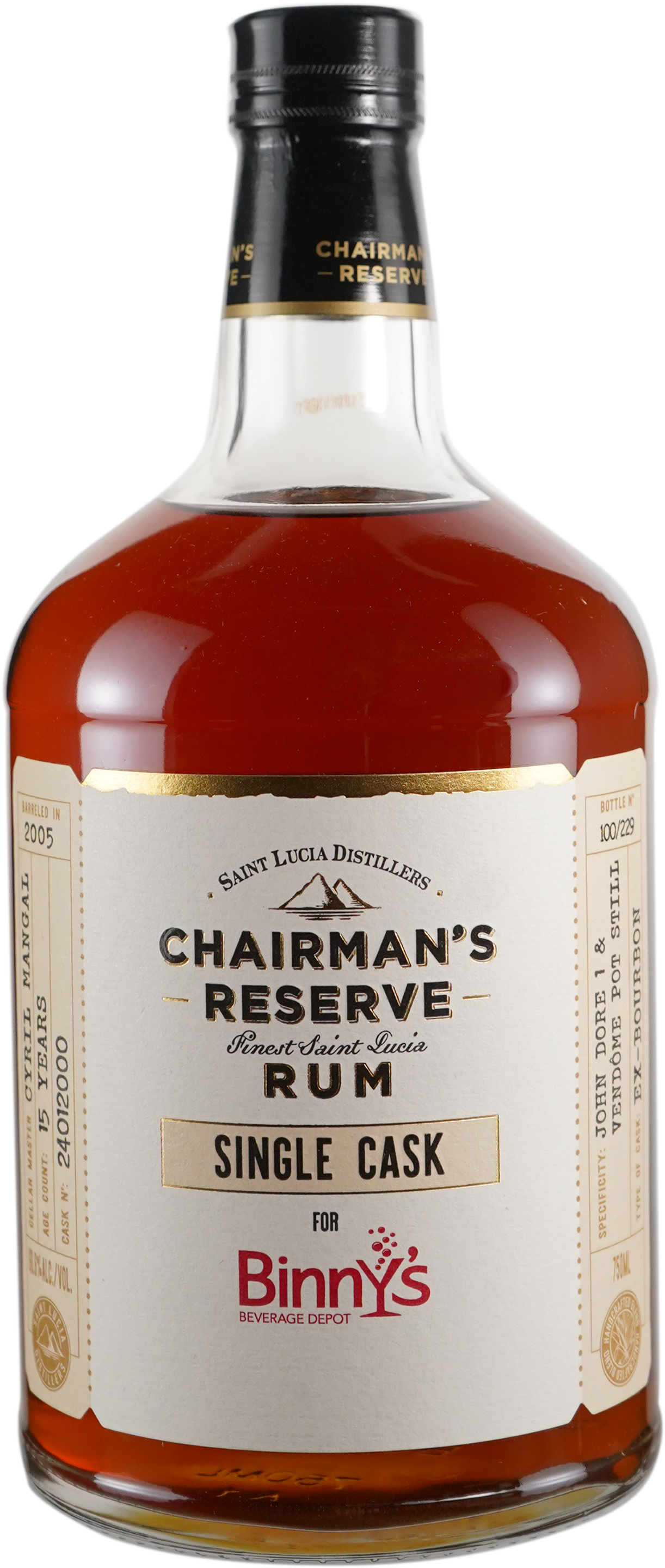 Chairman's Reserve Rum 15 year old ex Bourbon Barrel # 24012000 Binny's Handpicked 2005