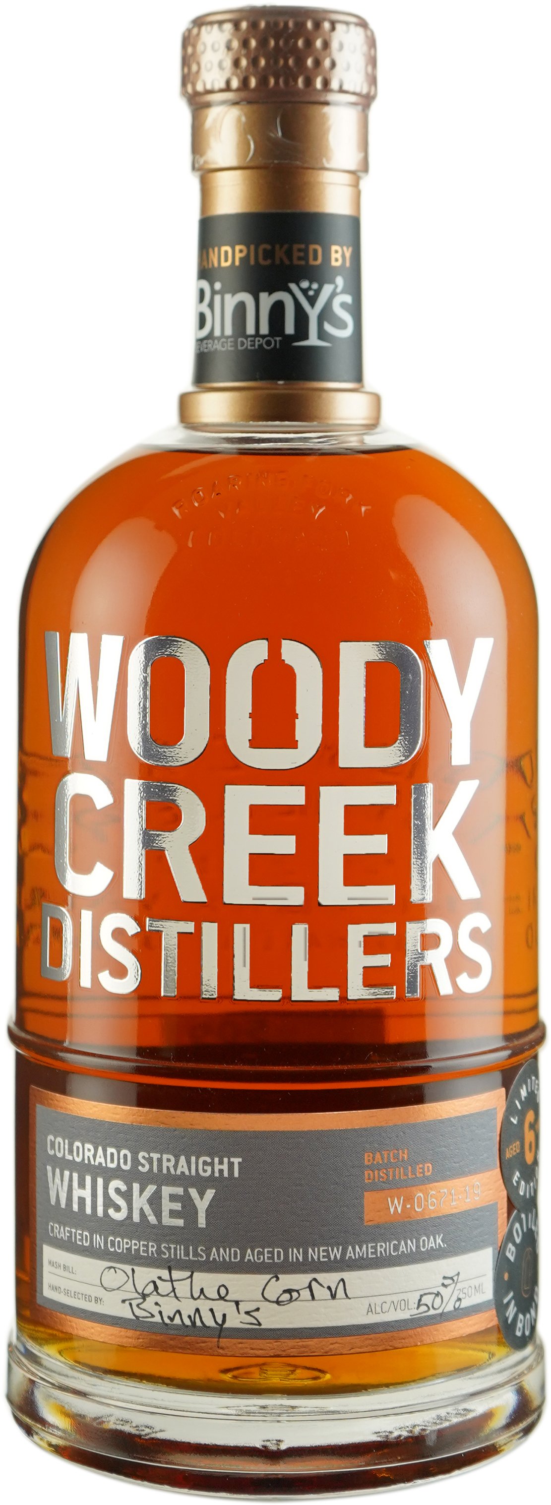 Woody Creek 6 year old 100% Olathe Corn Colorado Whiskey Single Barrel # 0671-19 Binny's Handpicked