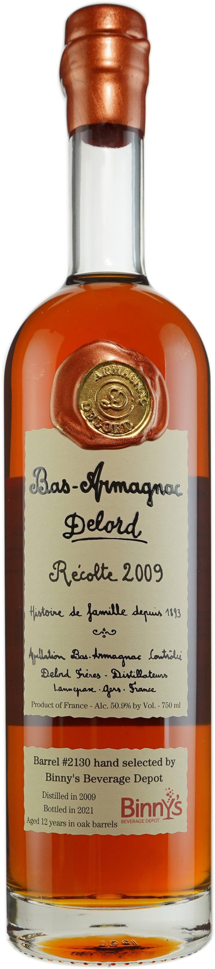 Delord 12 year old Single Cask # 2130 Binny's Handpicked Vintage Armagnac 2009
