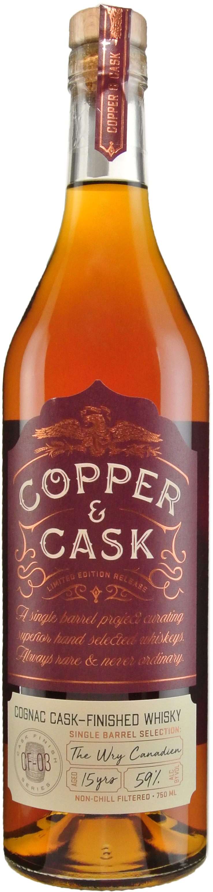 Copper and Cask Wry Canadian 15 year old Finished in Ex Sagamore Rye/Cognac Cask US MA/IL Bottling