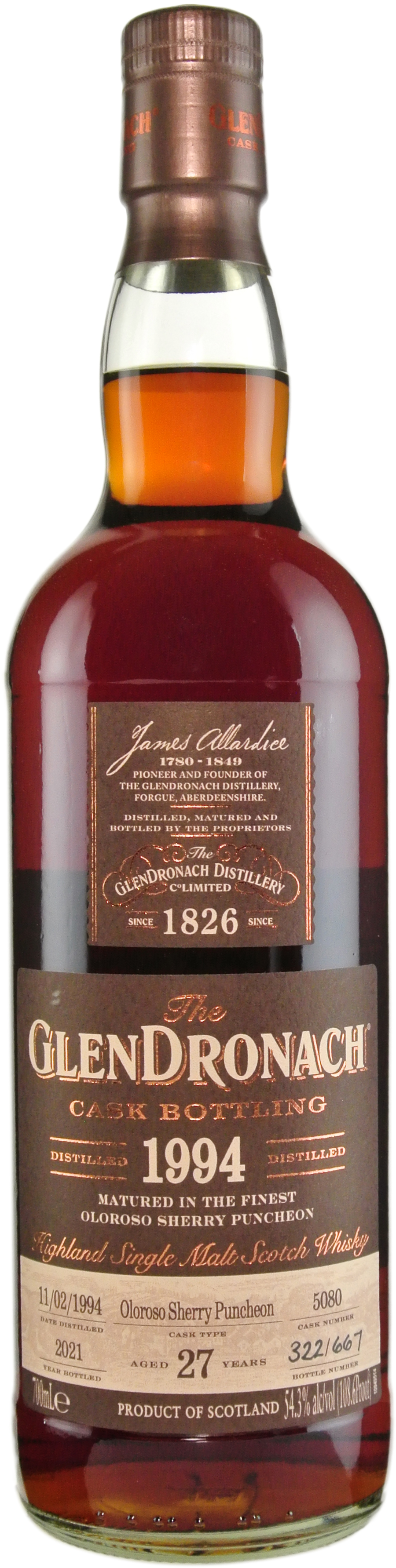 Glendronach 27 year old Vintage Oloroso Puncheon # 5080 1994