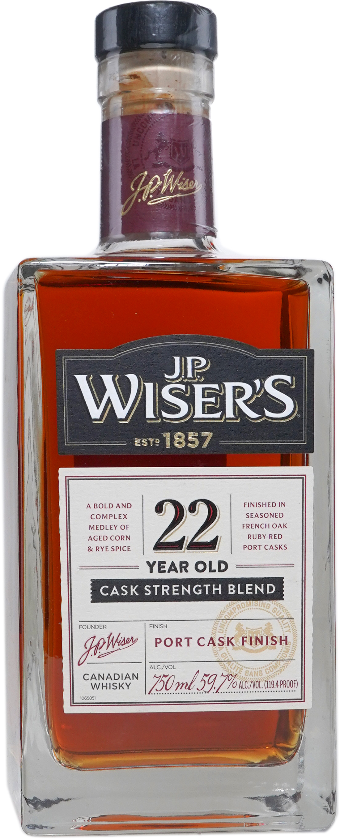 J.P. Wiser's 22 year old Cask Strength Canadian Whisky 750 ml Bottle