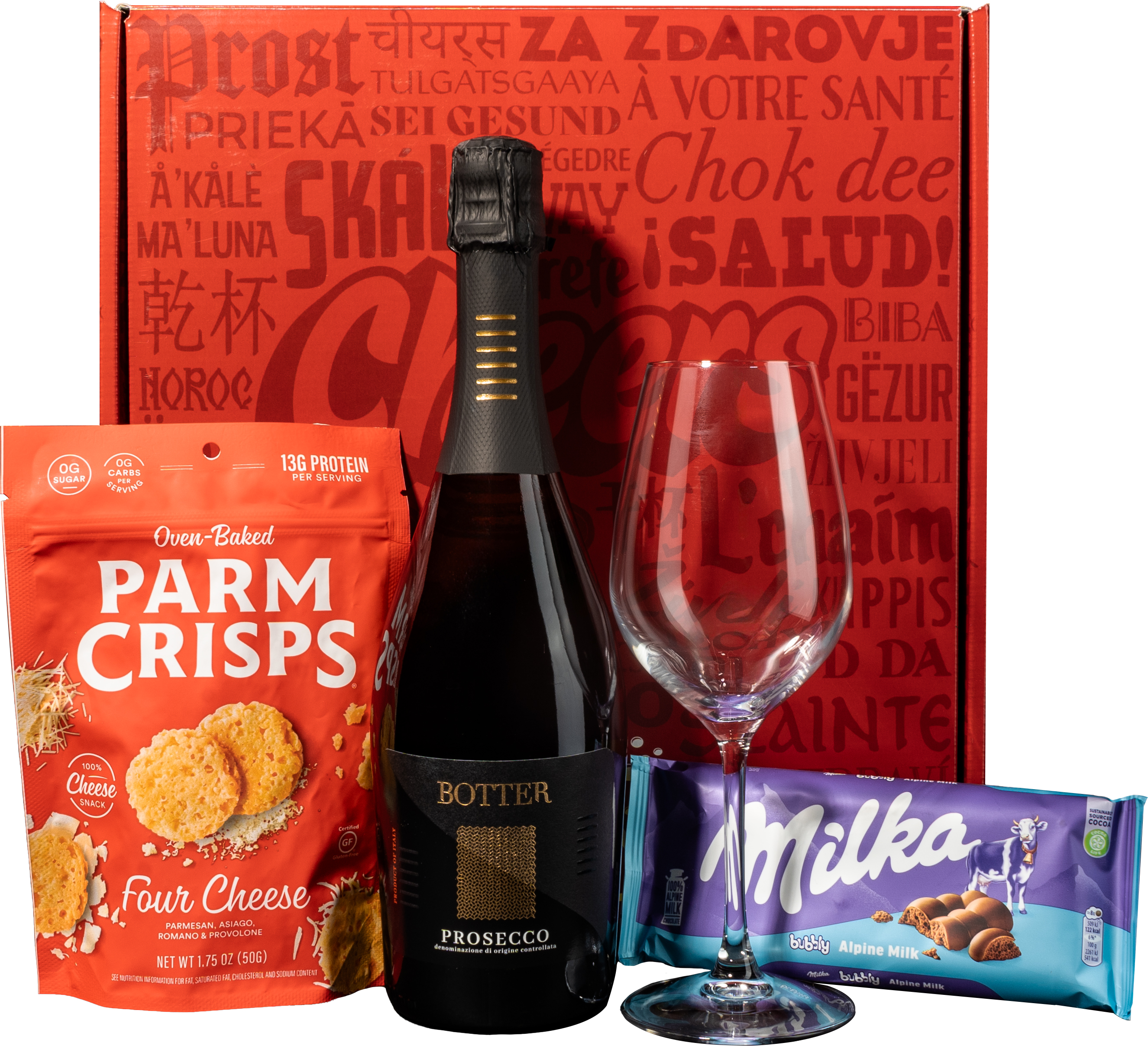 Tre Fiori Prosecco Gift Box with Spiegelau Flutes and Marich Chocolates