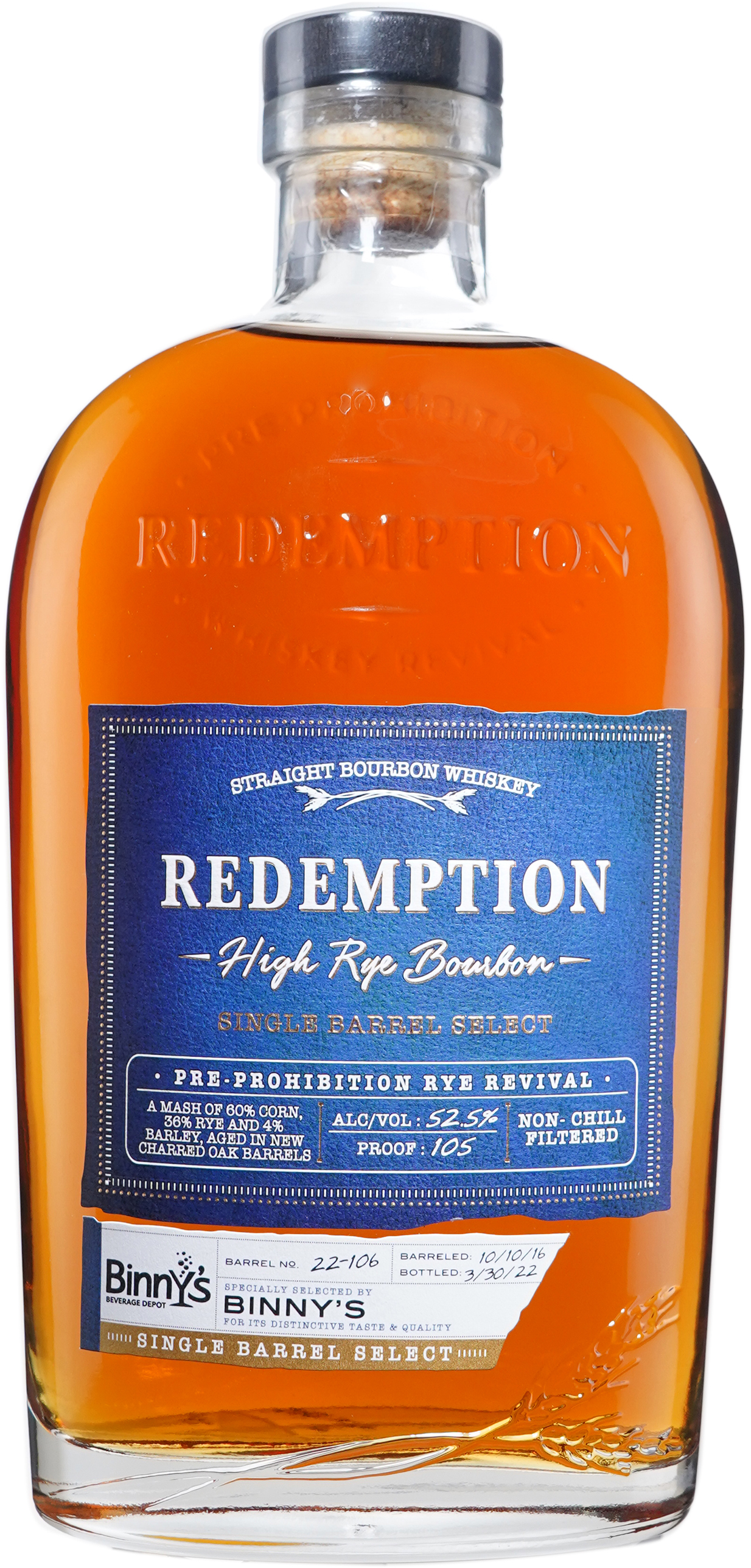Redemption High Rye Bourbon Binny's Handpicked Barrel 22106 750 ml Bottle