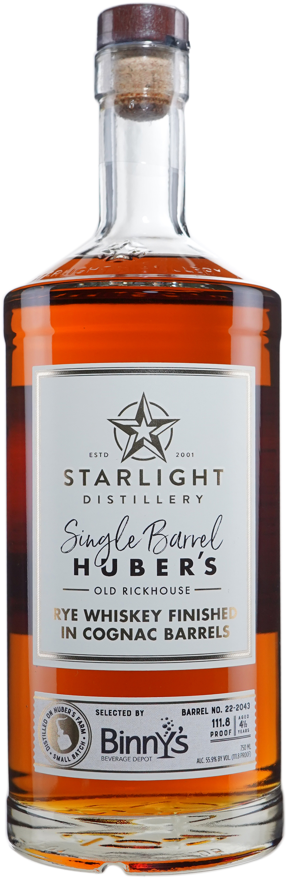 Huber's Starlight Distillery Rye Finished in ex Cognac Barrel # 22-2043 Binny's Handpicked