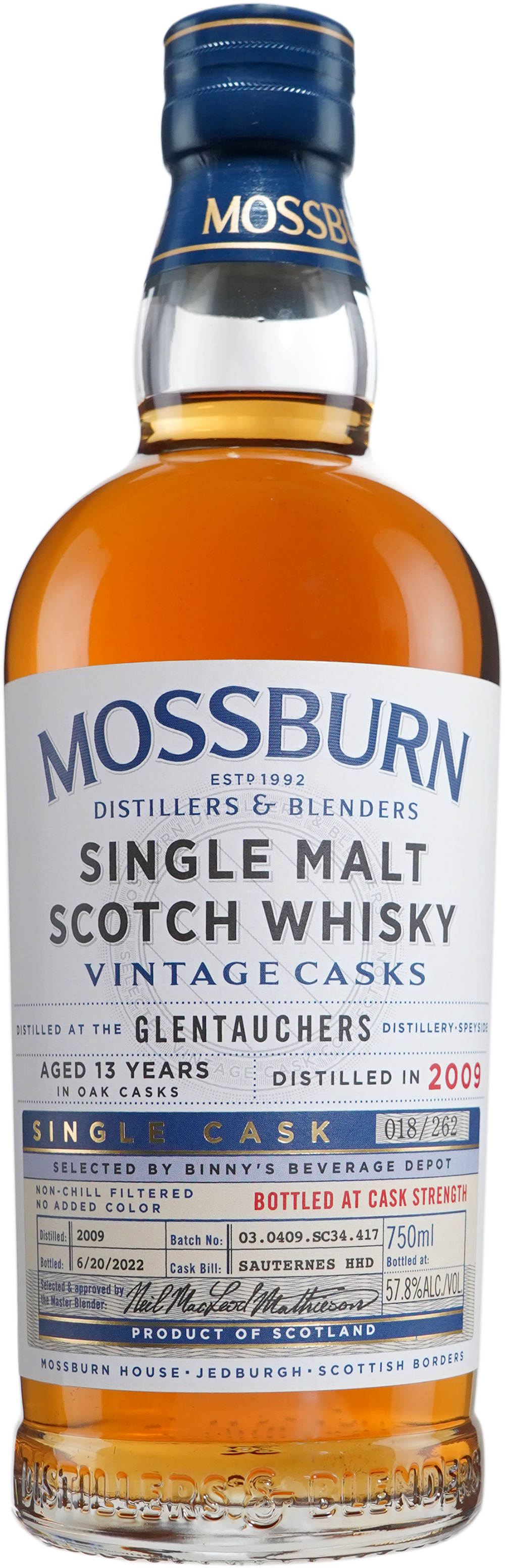 Mossburn Glentauchers 13 year old ex Sauternes Barrel # 417 Binny's Handpicked 2009
