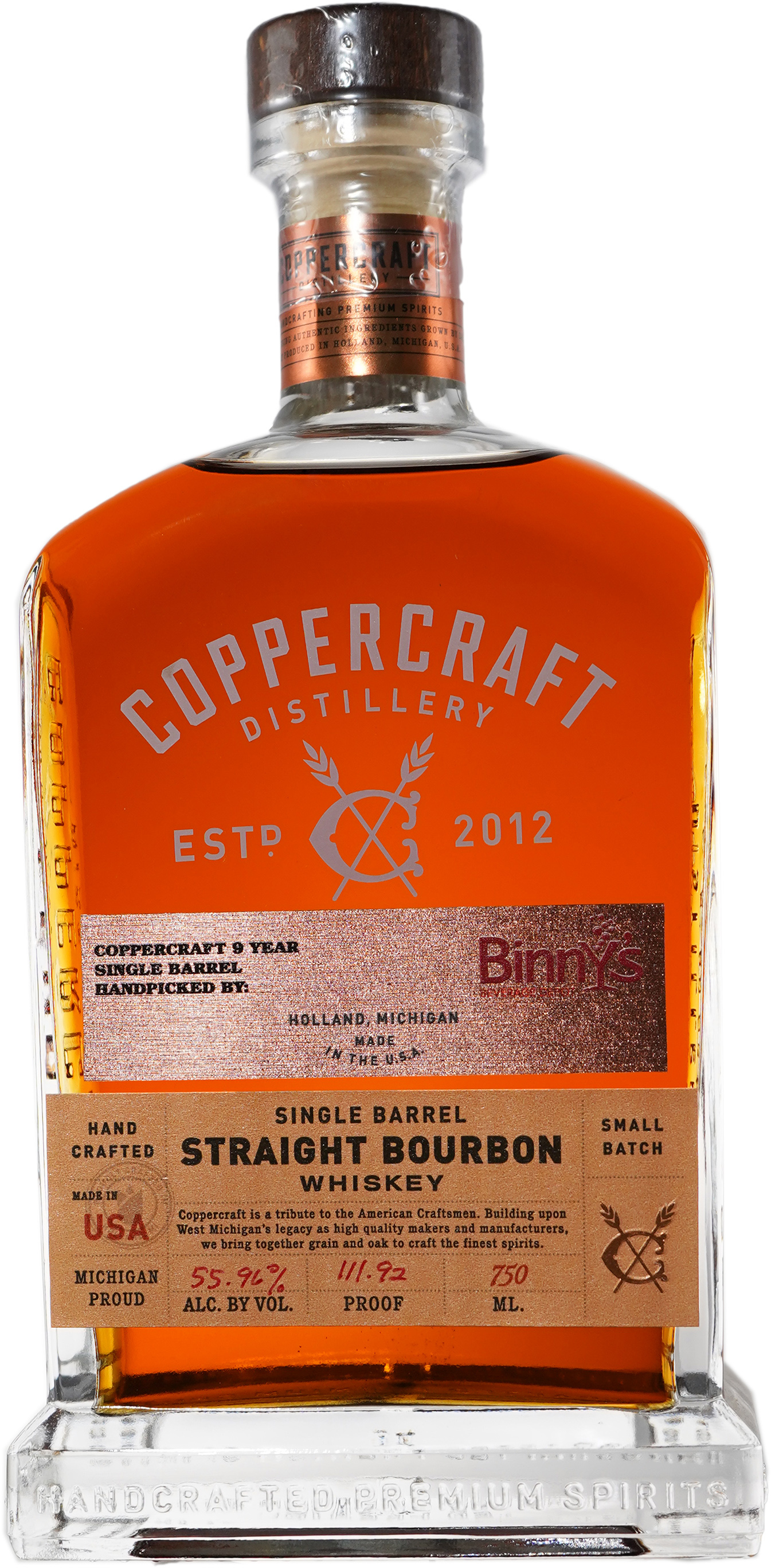 Coppercraft Distillery 9 year old Straight Bourbon Single Barrel # 2842 Binny's Handpicked
