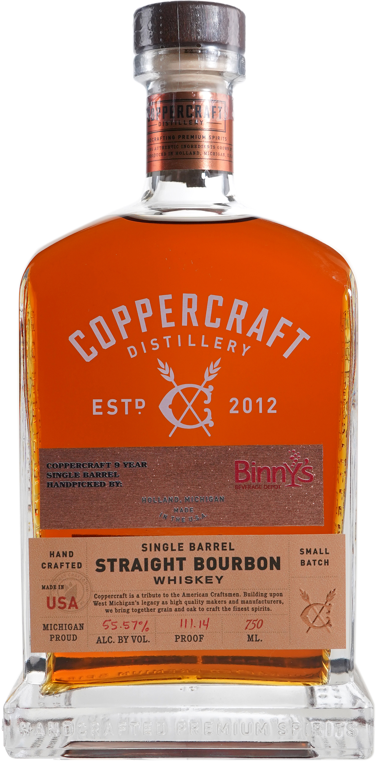 Coppercraft Distillery 9 year old Straight Bourbon Single Barrel # 2848 Binny's Handpicked