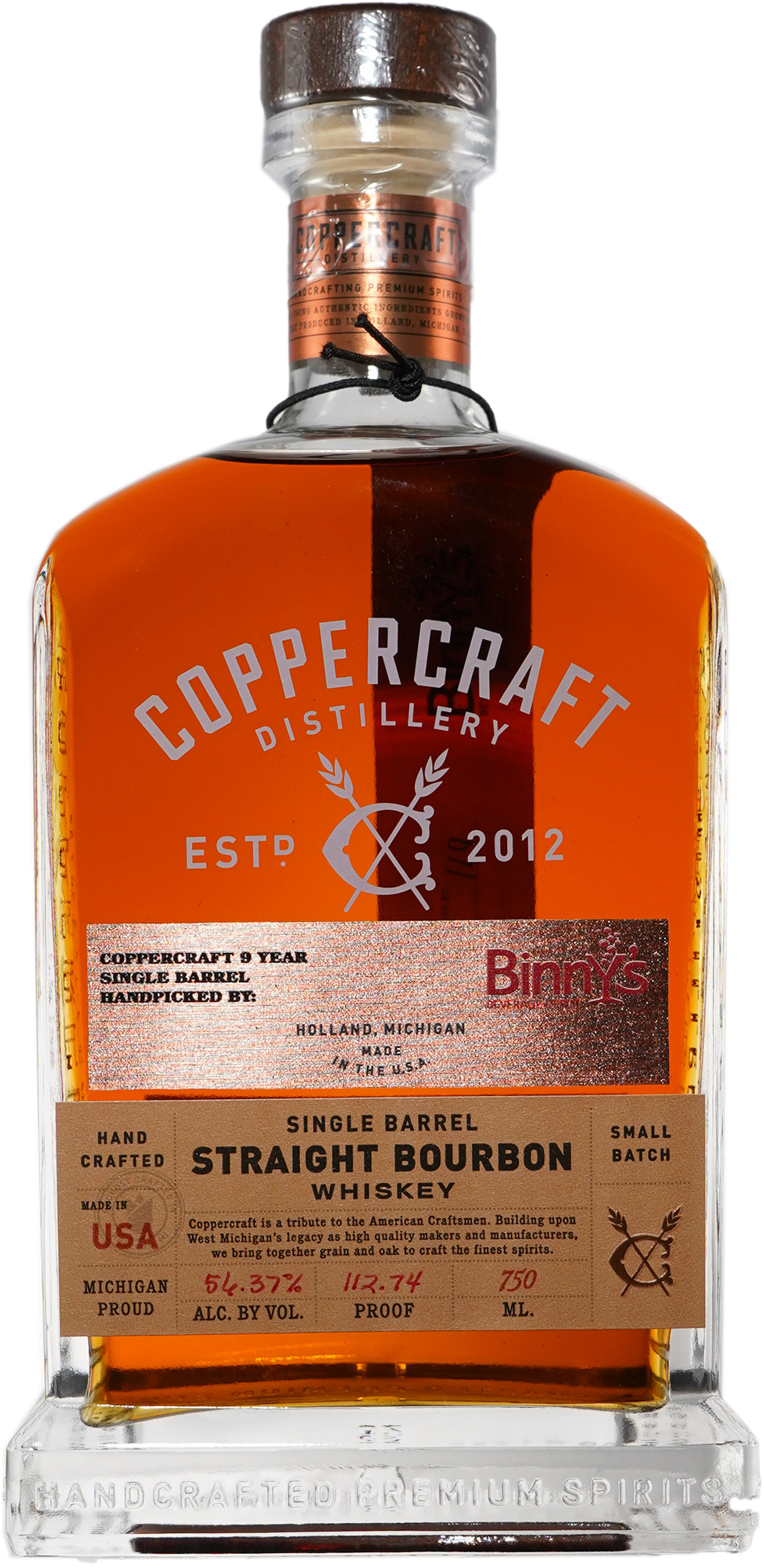 Coppercraft Distillery 9 year old Straight Bourbon Single Barrel # 2852 Binny's Handpicked