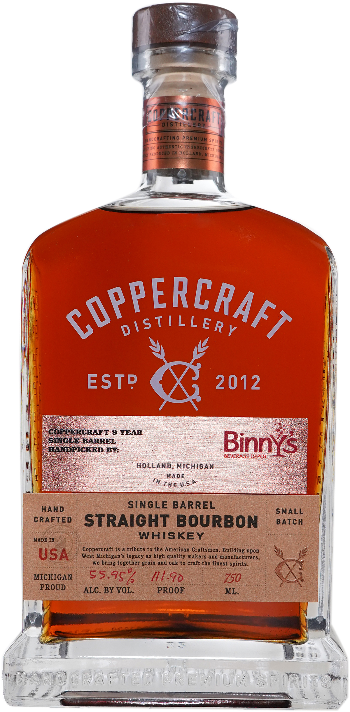 Coppercraft Distillery 9 year old Straight Bourbon Single Barrel # 2841 Binny's Handpicked