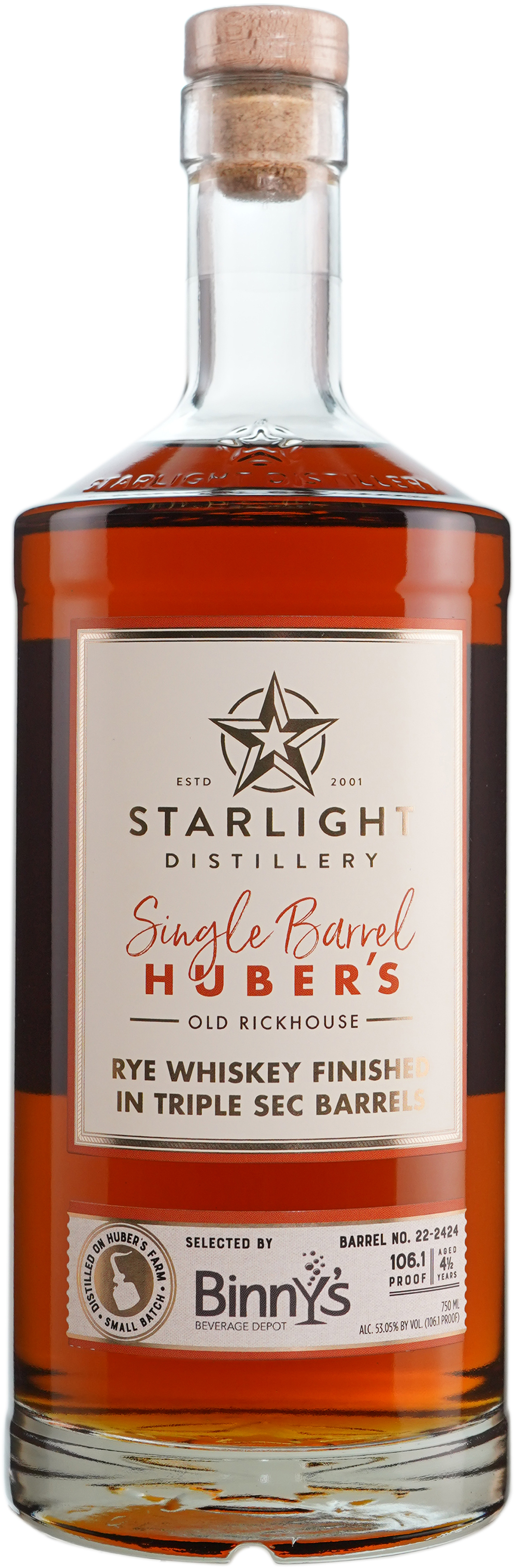 Huber's Starlight Distillery Rye Finished in ex Triple Sec Barrel # 22-2424 Binny's Handpicked