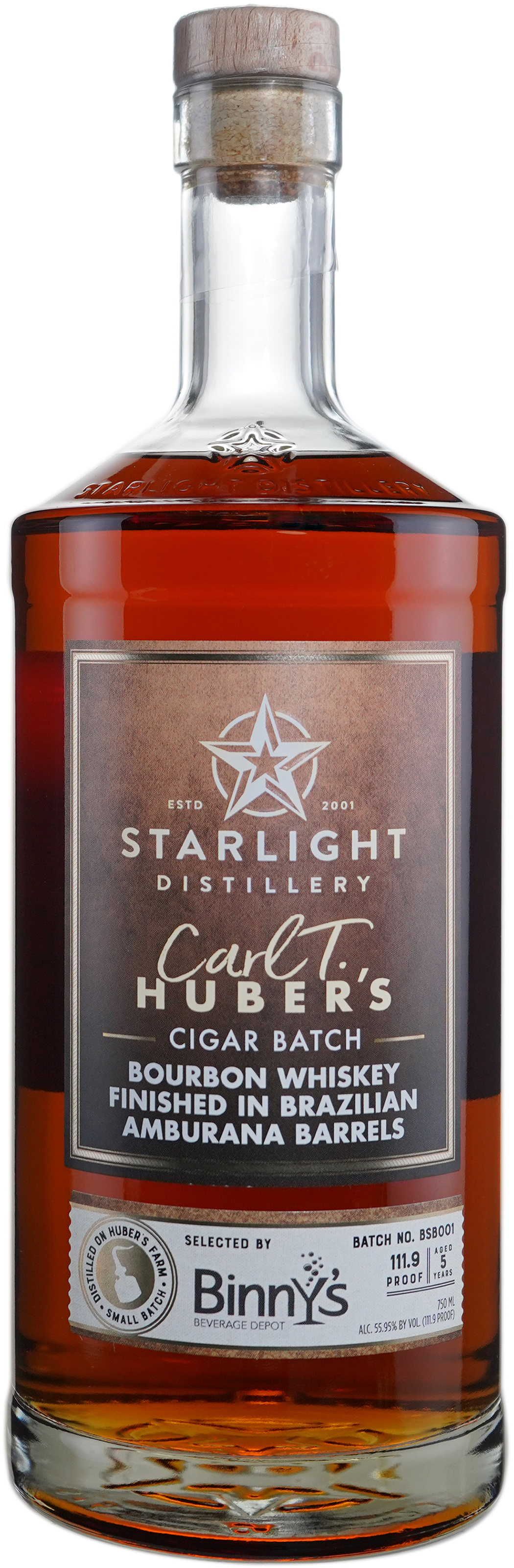 Huber's Starlight Distillery Bourbon Finished 6 Weeks in Amburana Barrel BSB001 Binny's Handpicked