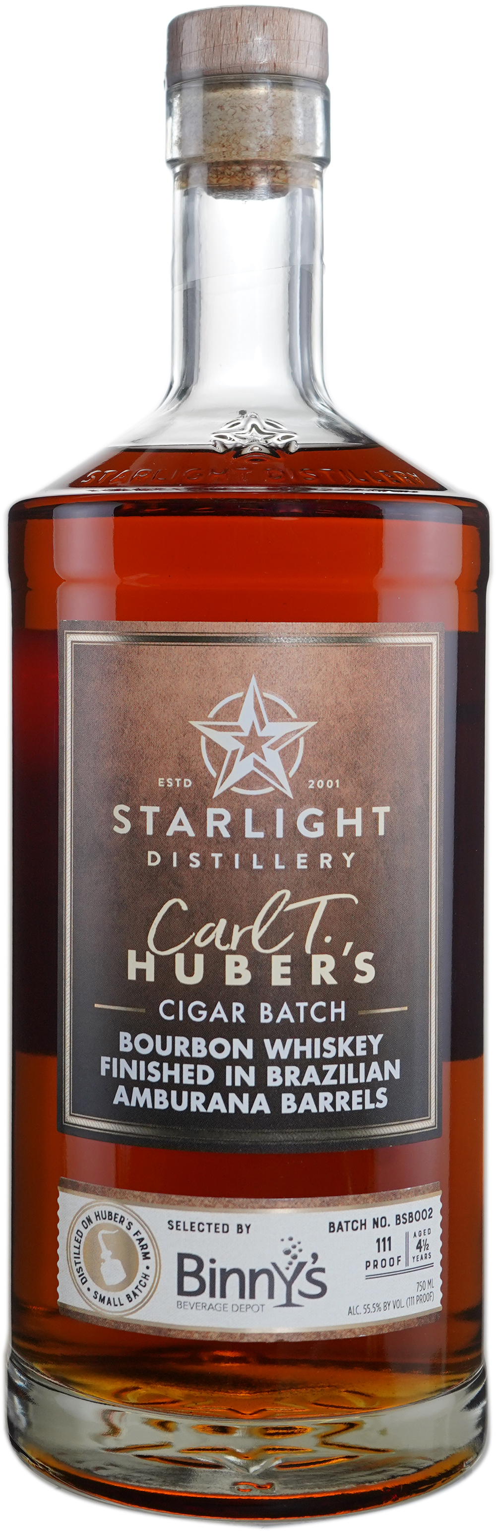 Huber's Starlight Distillery Bourbon Finished 10 Weeks in Amburana Barrel BSB002 Binny's Handpicked