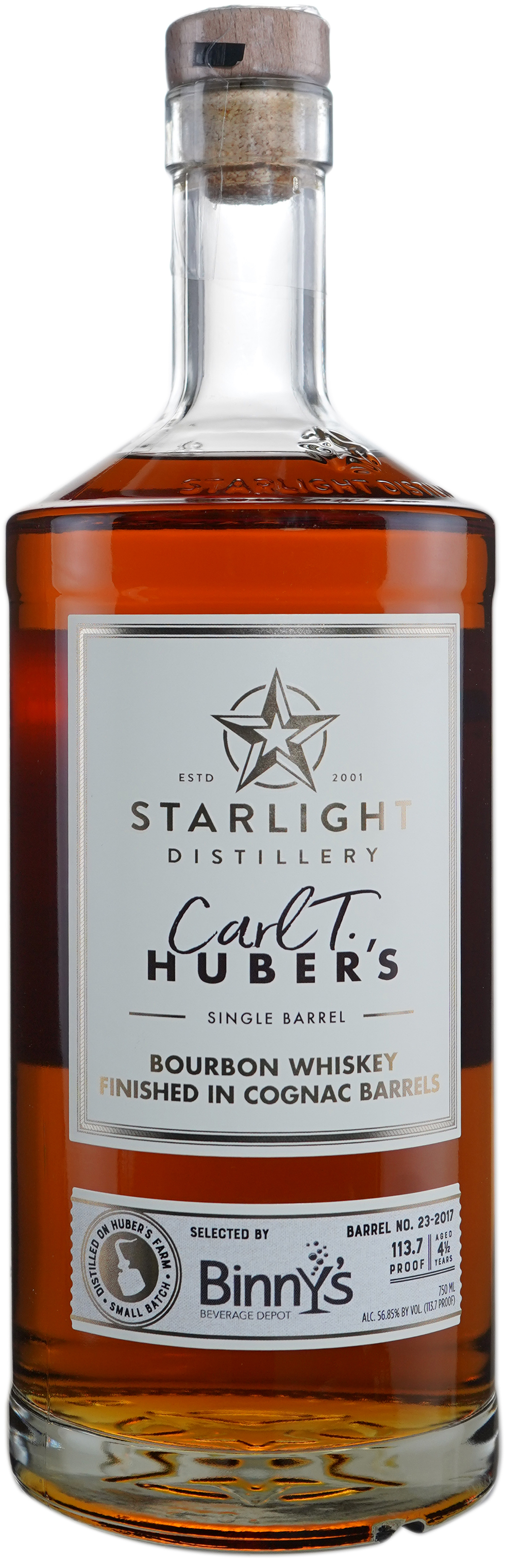 Huber's Starlight Distillery Bourbon Finished in Cognac Barrel # 23-2017 Binny's Handpicked