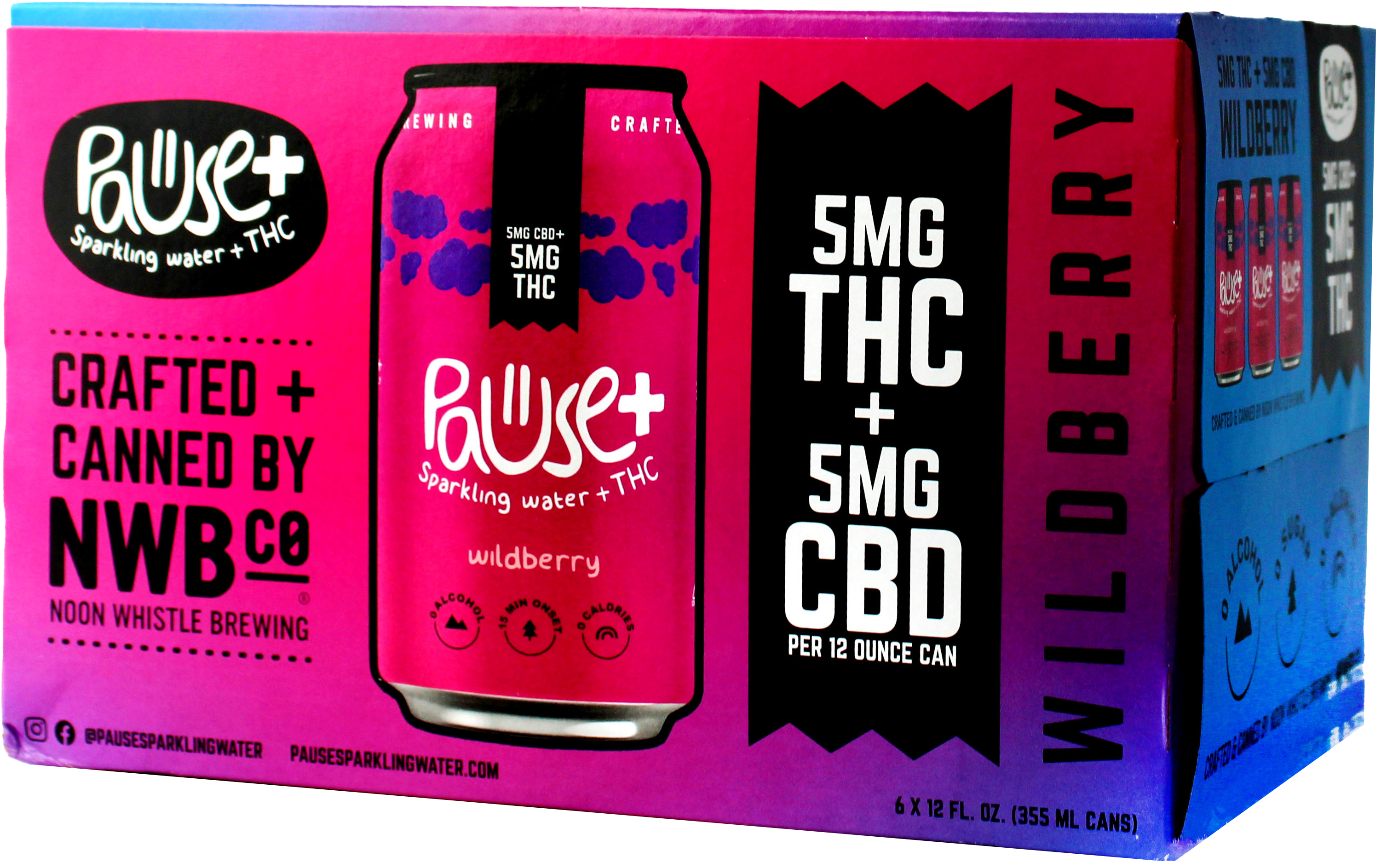 Pause+ Sparkling Water Wildberry 5MG THC 5MG CBD | 6 pack of 12 oz Can
