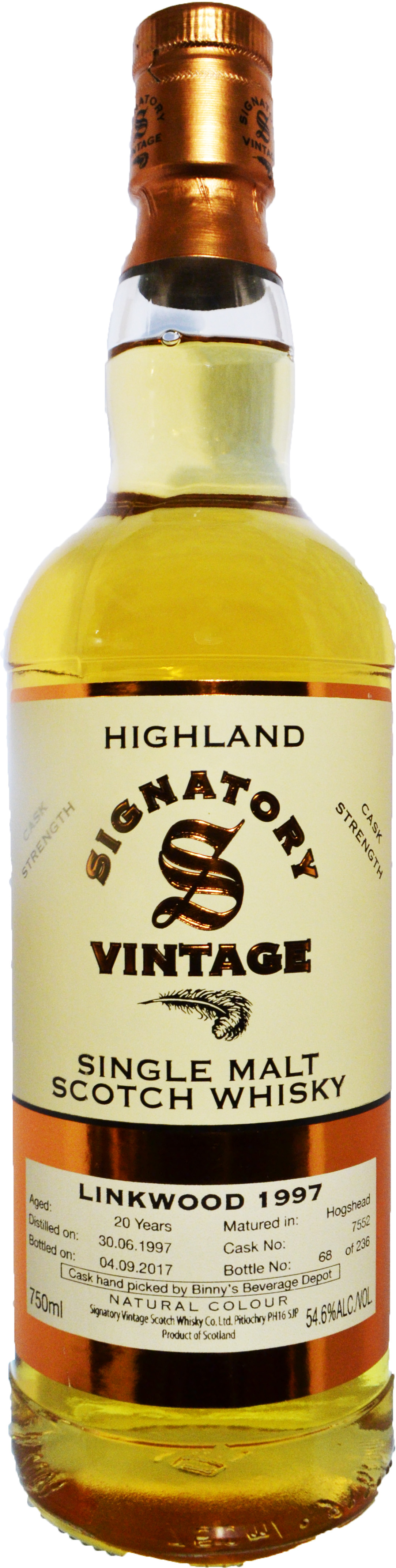 Signatory Linkwood 20 year old Hogshead # 7552 Binny's Handpicked 1997