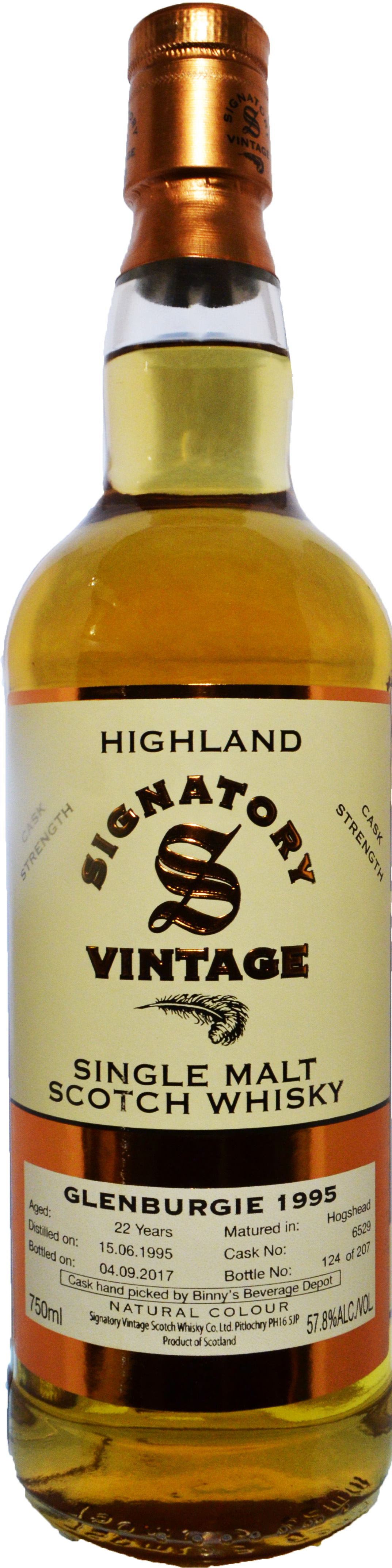 Signatory Glenburgie 22 year old Hogshead # 6529 Binny's Handpicked 1995
