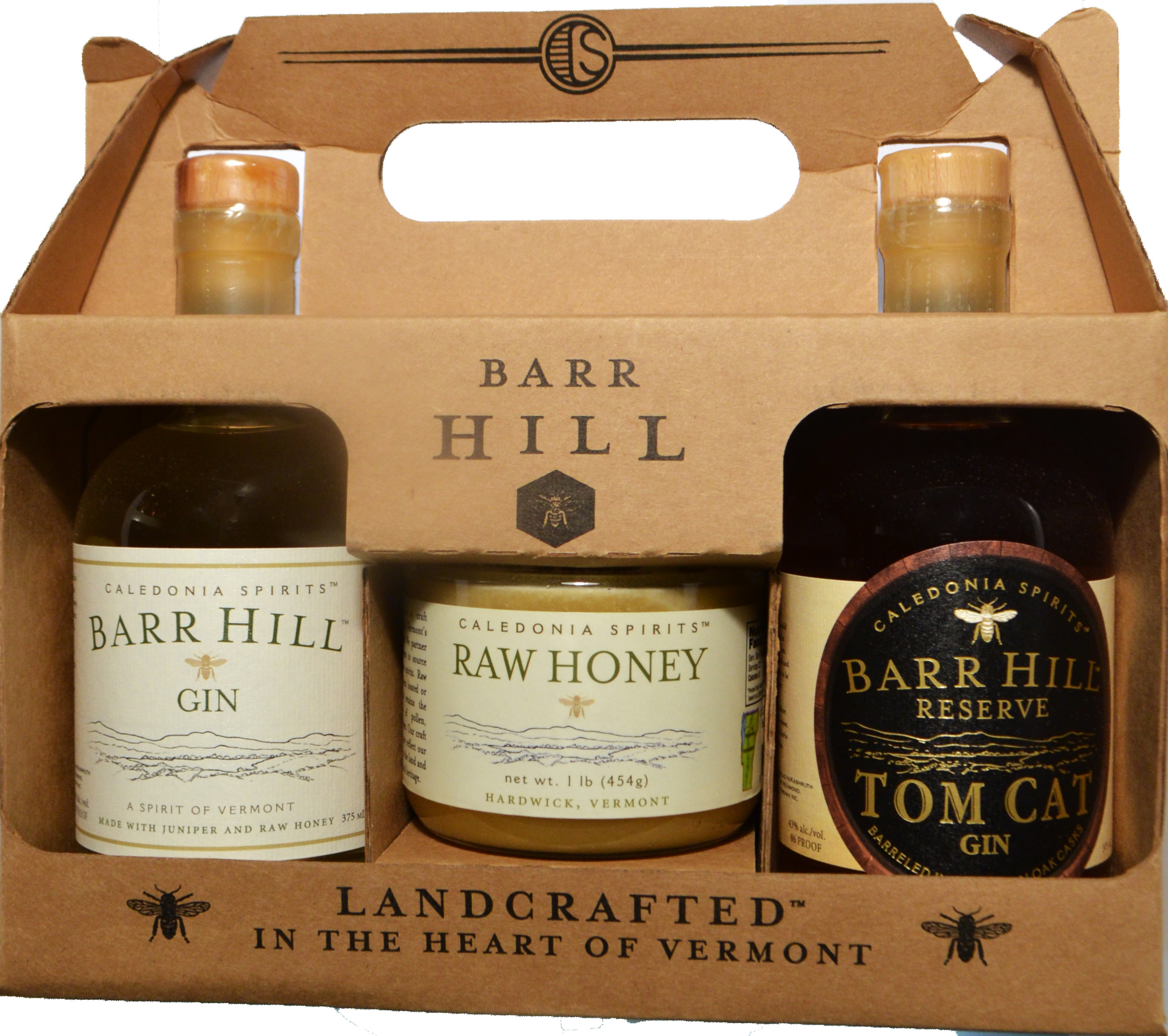 Barr Hill Holiday Honey Gift Pack Featuring 375 ml Gin 375 ml Tom Cat Gin and 1 lb. Jar of Honey