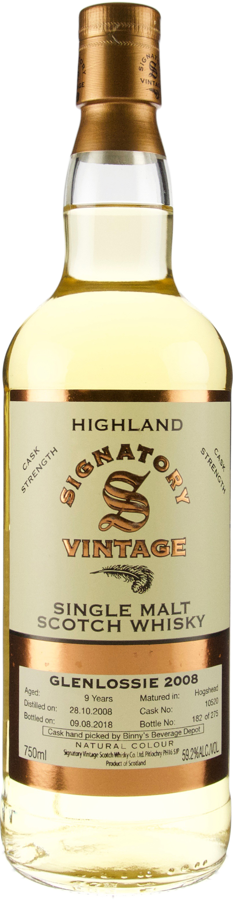 Signatory Glenlossie 9 year old Hogshead # 10520 Binny's Handpicked 2008