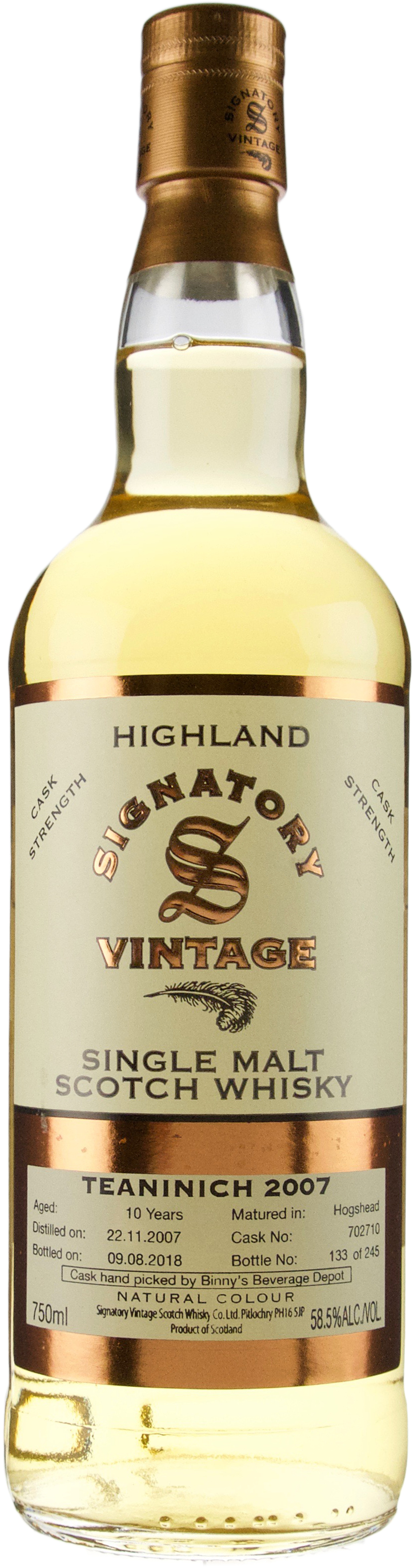 Signatory Teaninich 10 year old Hogshead # 702710 Binny's Handpicked 2007