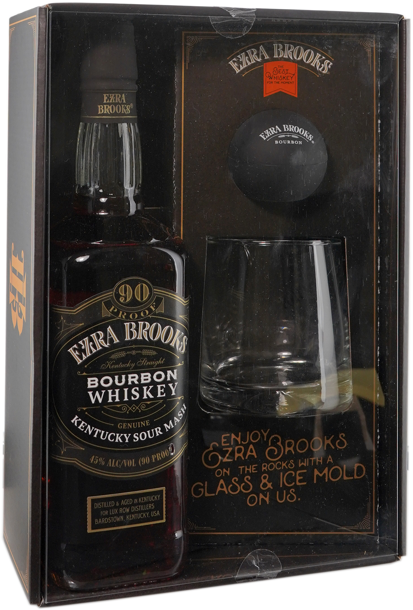Ezra Brooks Kentucky Straight Bourbon Bourbon 90 Proof with Rocks Glass & Ice Mold