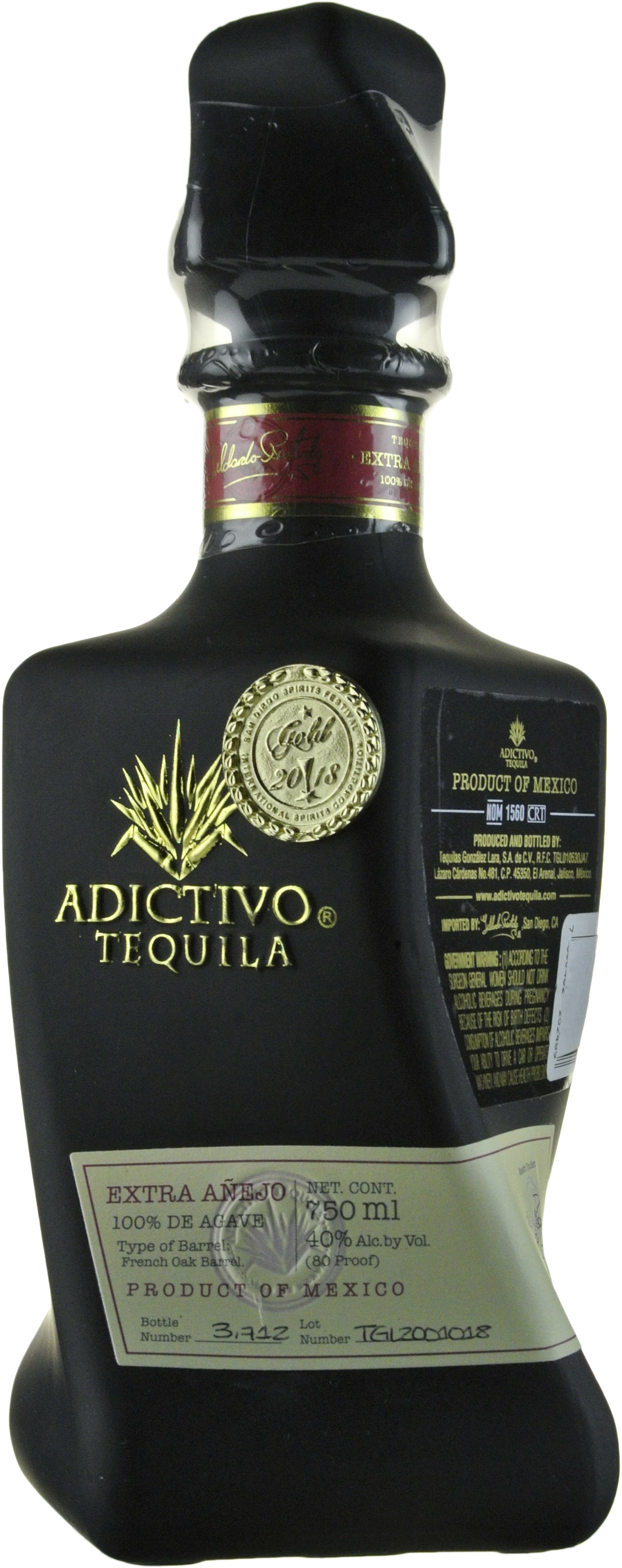 Adictivo Extra Anejo Tequila aged 50% in French Red Wine Oak Black Bottle